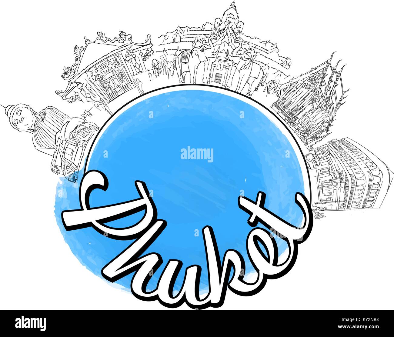 Phuket logo viaggio sketch. Skyline illustrazione vettoriale con acquarello e sullo sfondo di un refuso. Illustrazione Vettoriale