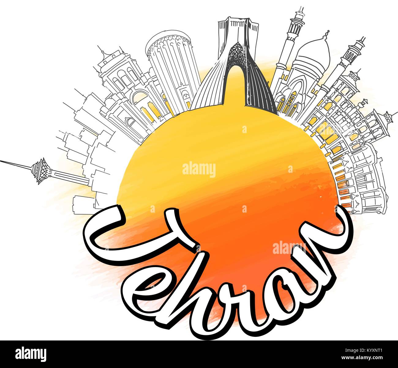 Tehran logo viaggio sketch. Skyline illustrazione vettoriale con acquarello e sullo sfondo di un refuso. Illustrazione Vettoriale