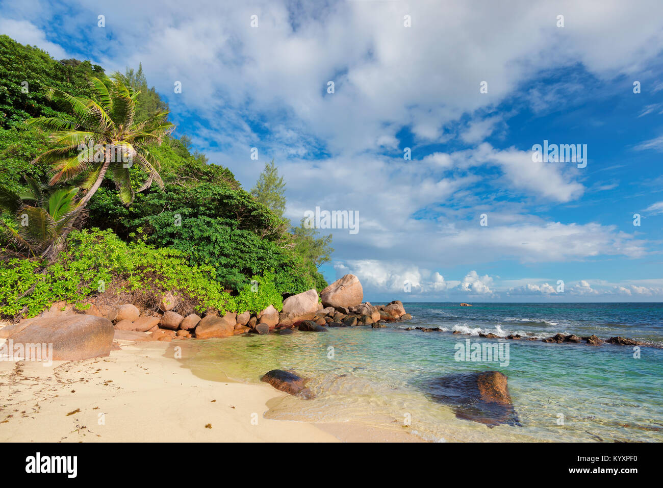 Exotic Tropical Beach su Seychelles. Vacanze estive e concetto di vacanza sfondo. Foto Stock