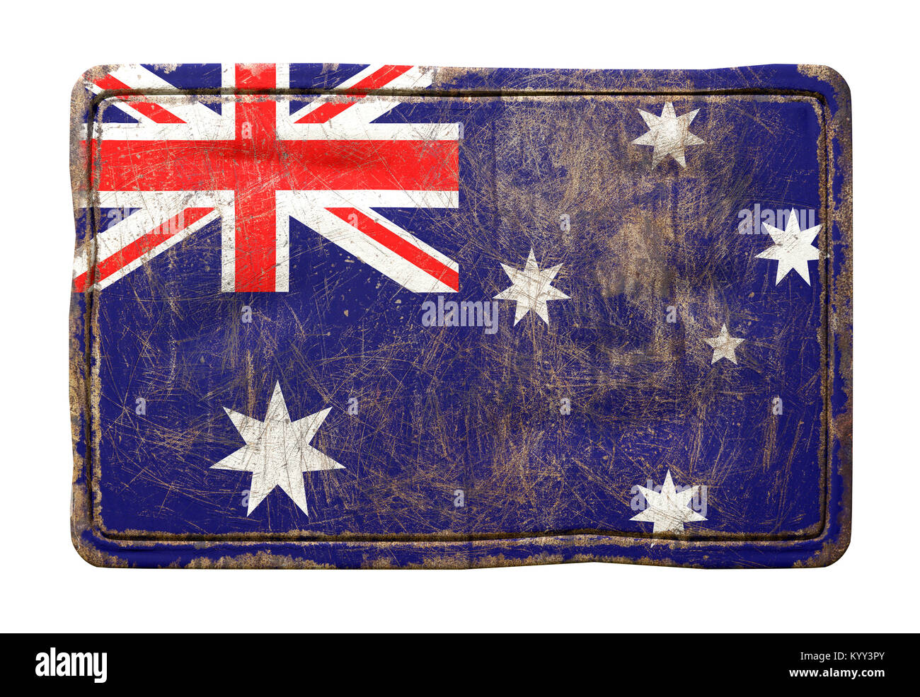 3D rendering di una bandiera dell'Australia su un arrugginito piastra metallica. Isolato su sfondo bianco. Foto Stock