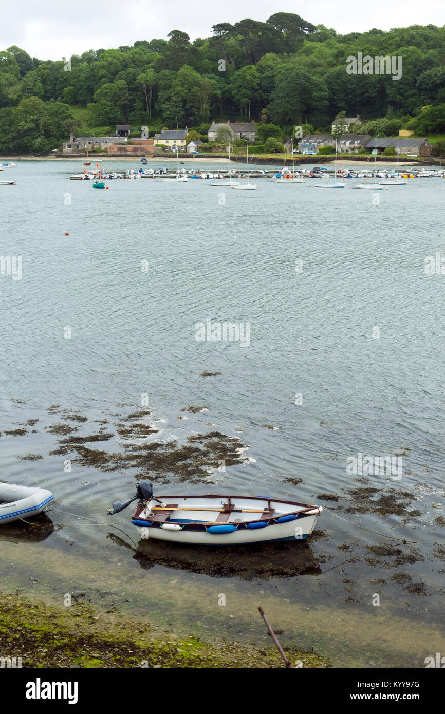 Guardando attraverso la Helford estuario dal villaggio di Helford a molte piccole imbarcazioni a posti barca intorno al passaggio di Helford, Cornwall, Regno Unito Foto Stock