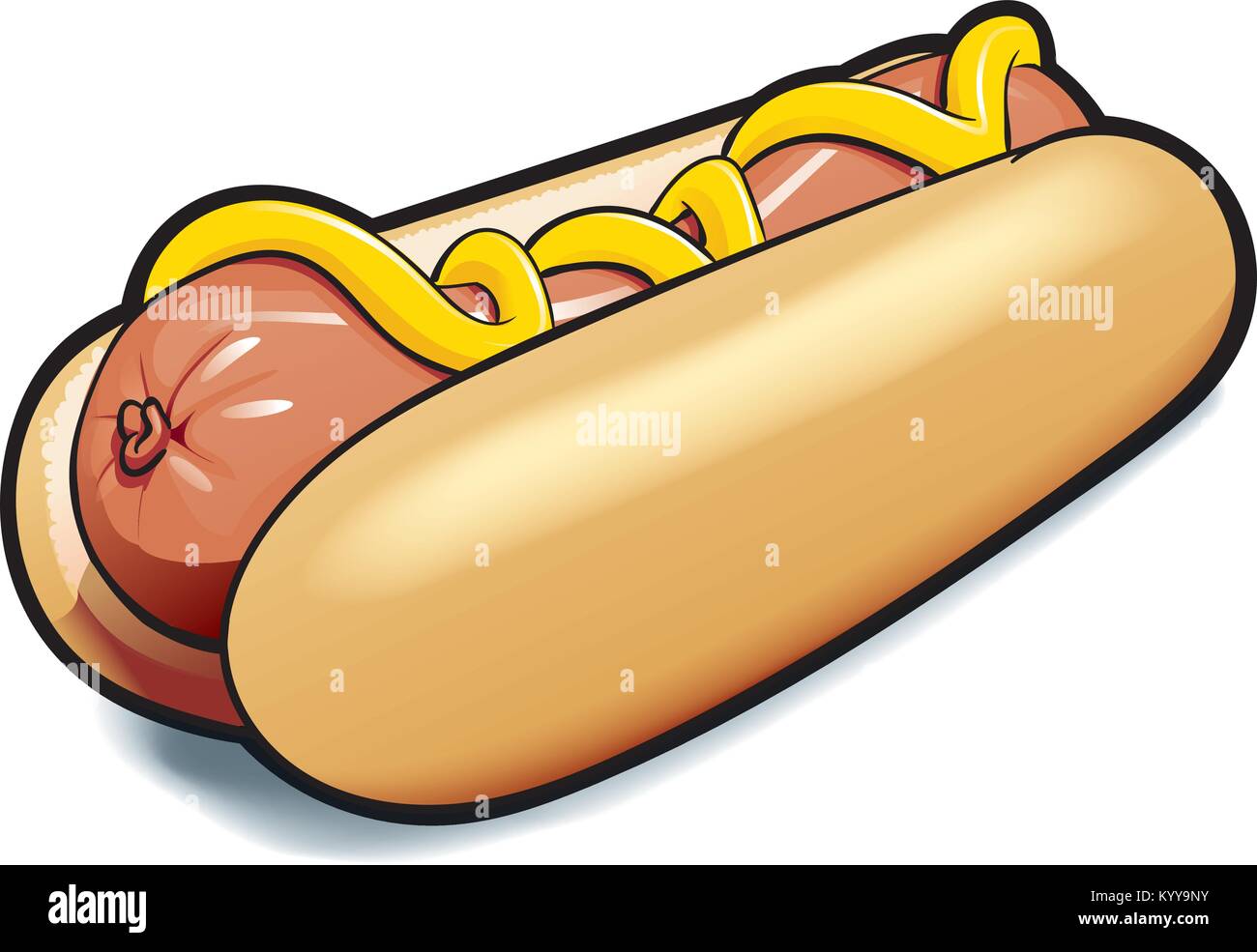 Un colorato disegno di un hotdog con senape su uno sfondo bianco. Questo è un sistema scalabile e modificabile il disegno vettoriale. Illustrazione Vettoriale