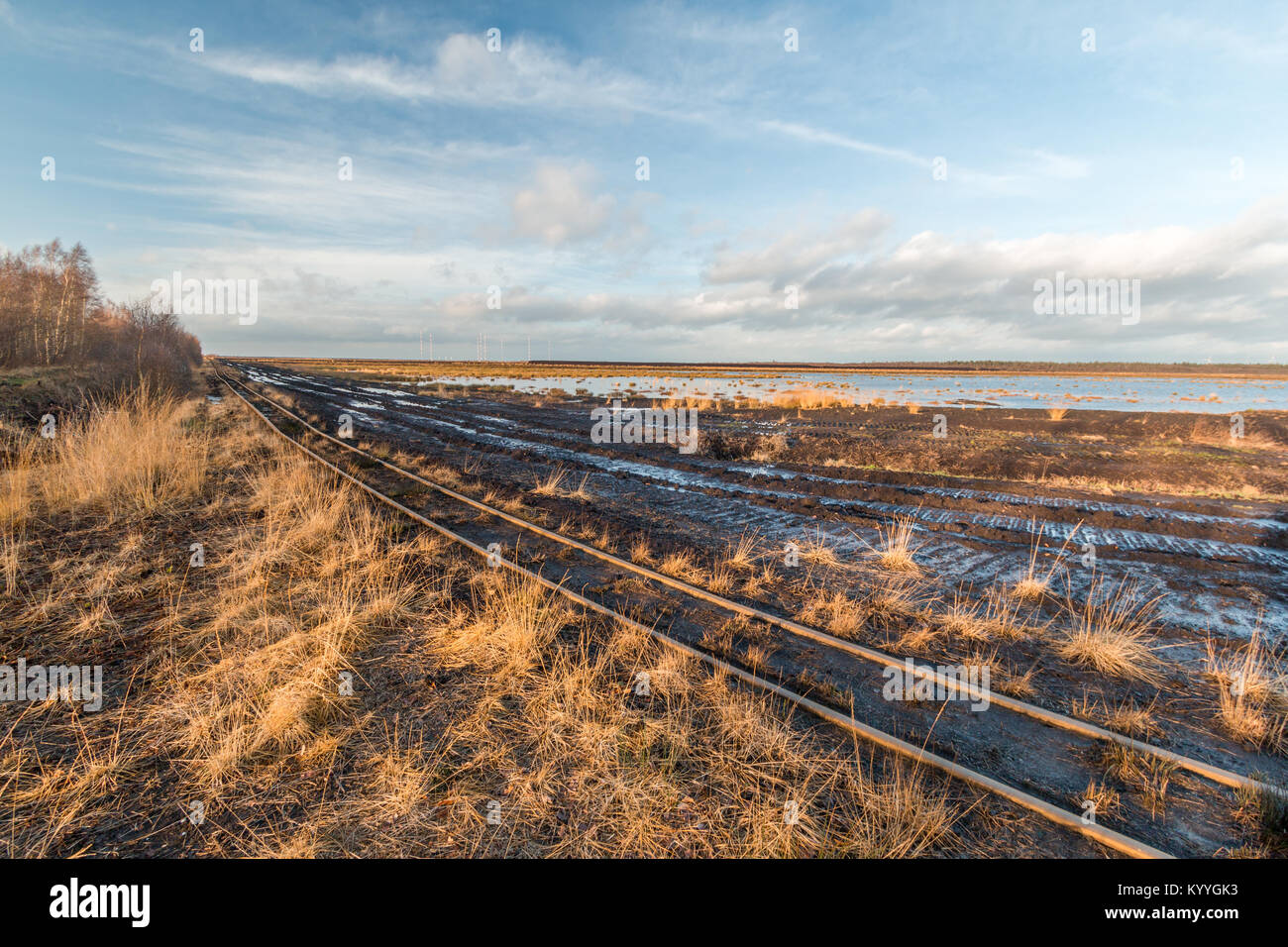 Paesaggio girato di una torba area mineraria con i binari di una ferrovia di torba Foto Stock