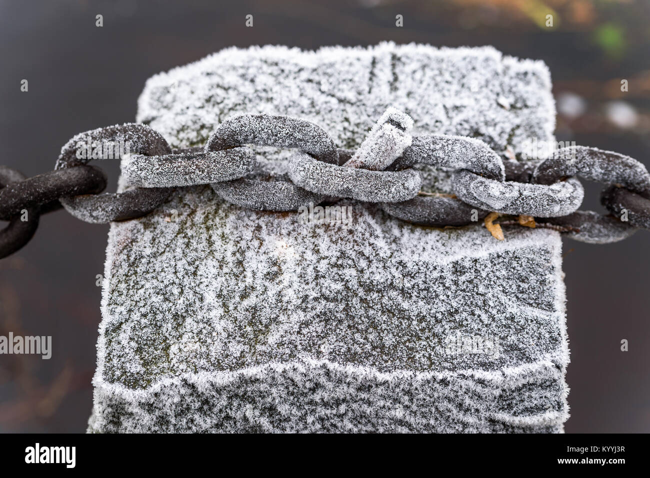 Brina sulla catena di ferro collegato ad una pietra di granito pilastro. Foto Stock