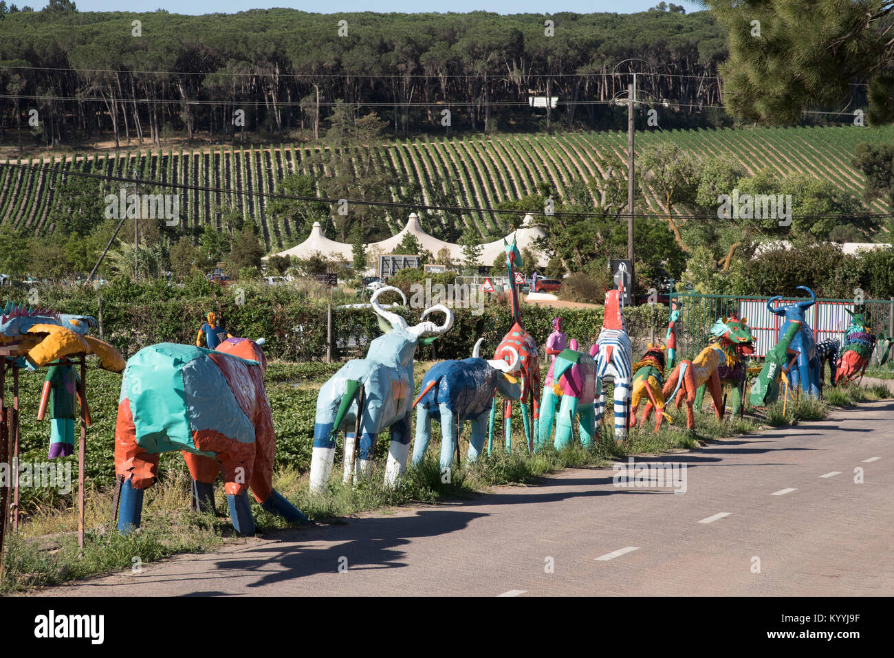 Stellenbosch a Somerset West road nella Western Cape in Sud Africa. Dicembre 2017. Scarcrows su un strawberry farm Foto Stock
