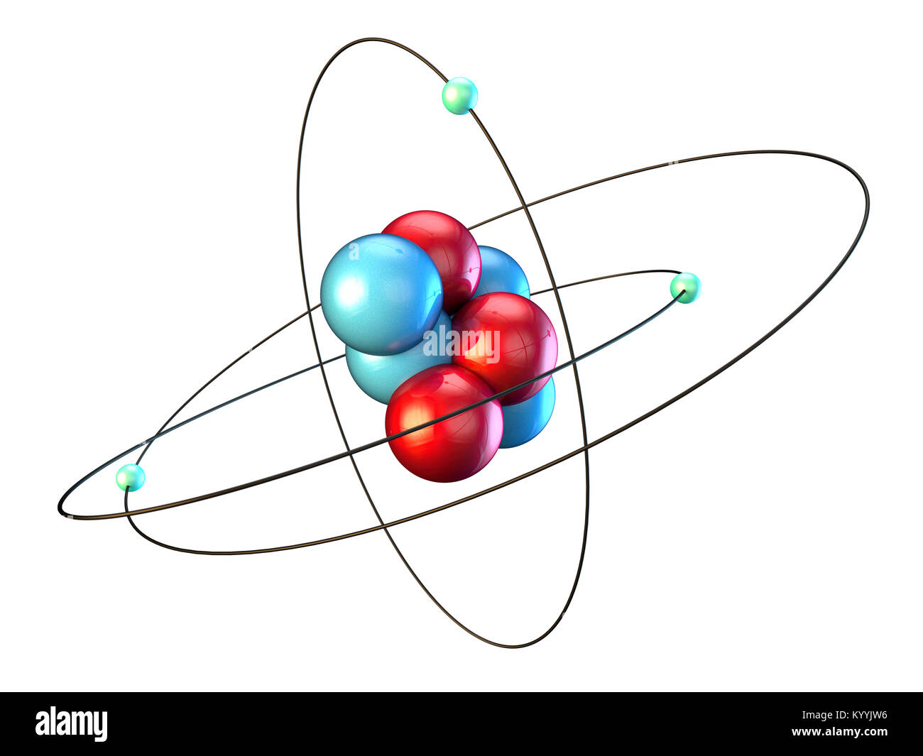 Atomo di litio che mostra tre elettroni orbitanti attorno a tre protoni e neutroni quattro Foto Stock