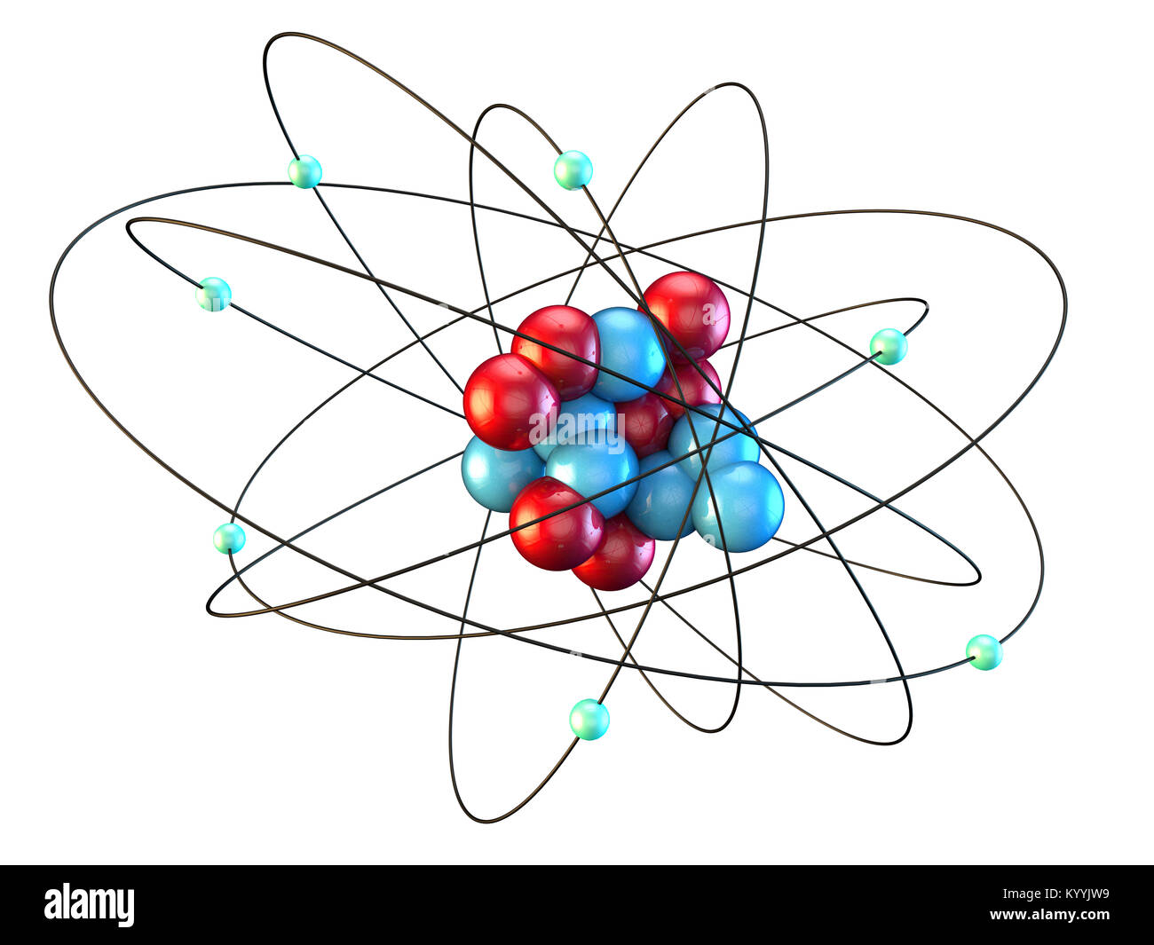 Atomo di azoto che mostra sette elettroni orbitanti attorno a sette i protoni e i neutroni sette Foto Stock