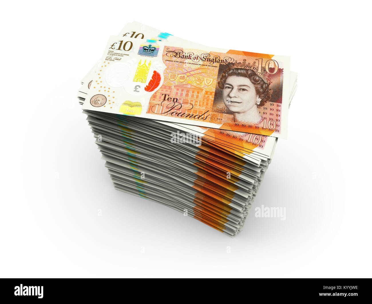 Pila di dieci note Pound sterling su uno sfondo bianco - Nuovo design 2017 Foto Stock