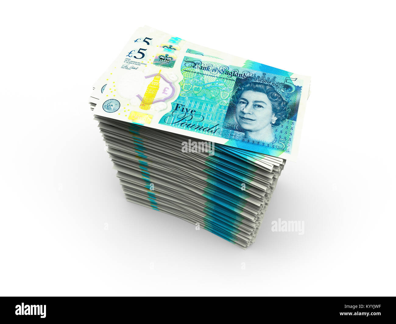 Pila di cinque 5 Pound sterling note su uno sfondo bianco - Nuovo design 2017 Foto Stock