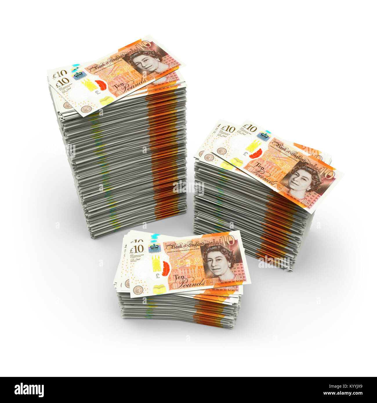Pile di dieci note Pound Sterling su uno sfondo bianco che illustra il salvataggio o di debito - Nuovo design 2017 Foto Stock