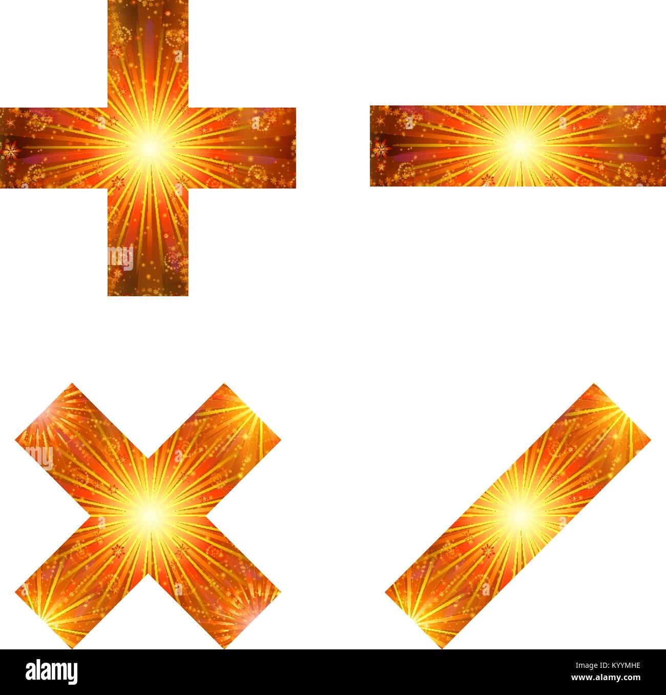 Serie di segni matematici più, meno, la moltiplicazione e la divisione, oro stilizzato e orange holiday fuochi d' artificio con stelle e flares, elementi per il web Illustrazione Vettoriale
