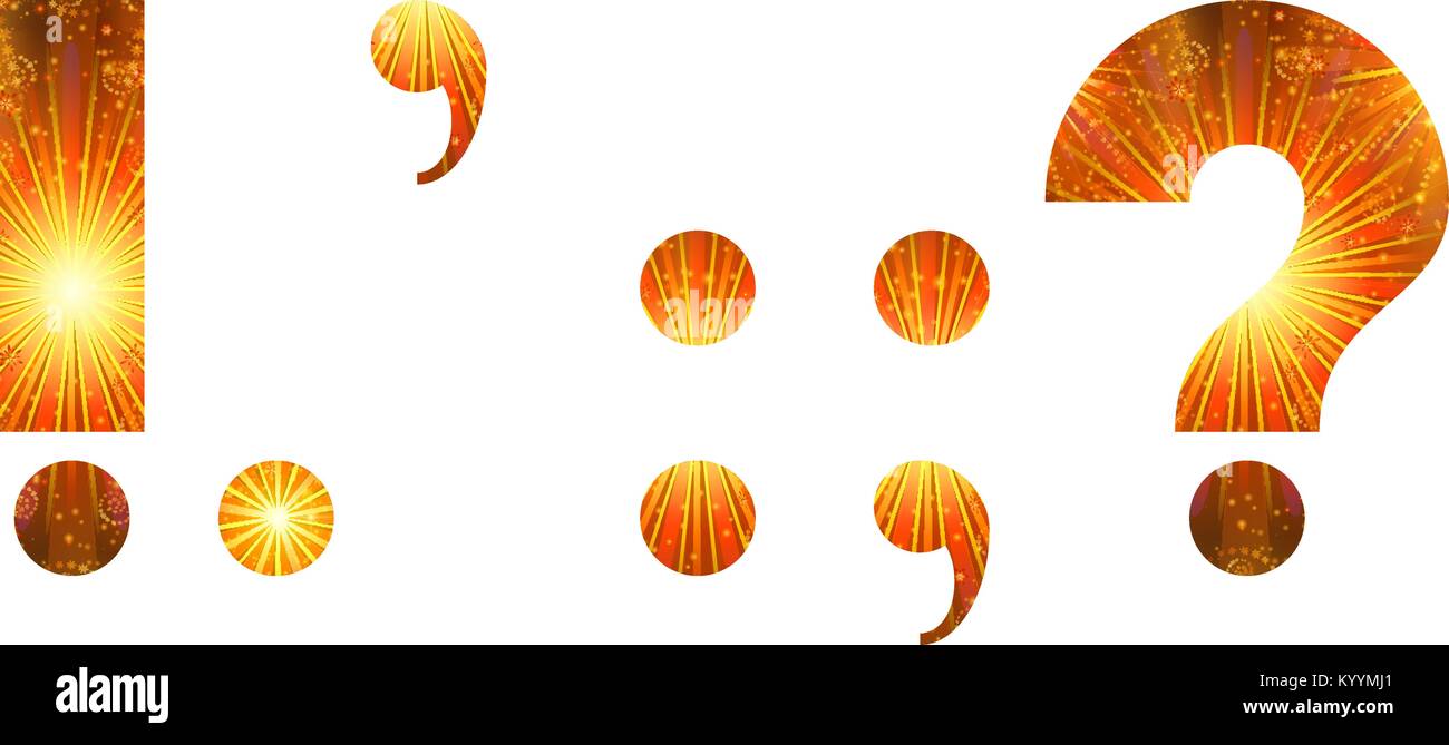 Set di matematici e di segni di punteggiatura punto esclamativo, periodo, virgola, colon, punto e virgola, punto interrogativo, oro stilizzato e orange holiday fuochi d'artificio Illustrazione Vettoriale