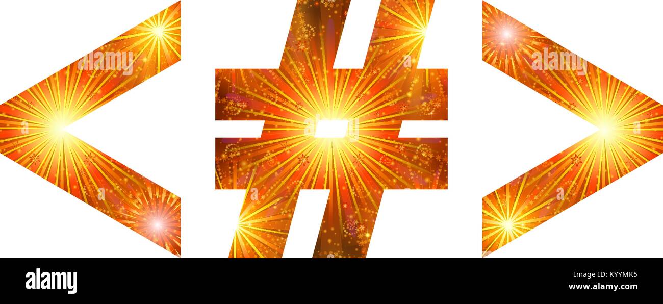 Serie di segni cancelletto, segno maggiore di, minore di segno, oro stilizzato e orange holiday fuochi d' artificio con stelle e razzi, elementi di web design. E Illustrazione Vettoriale