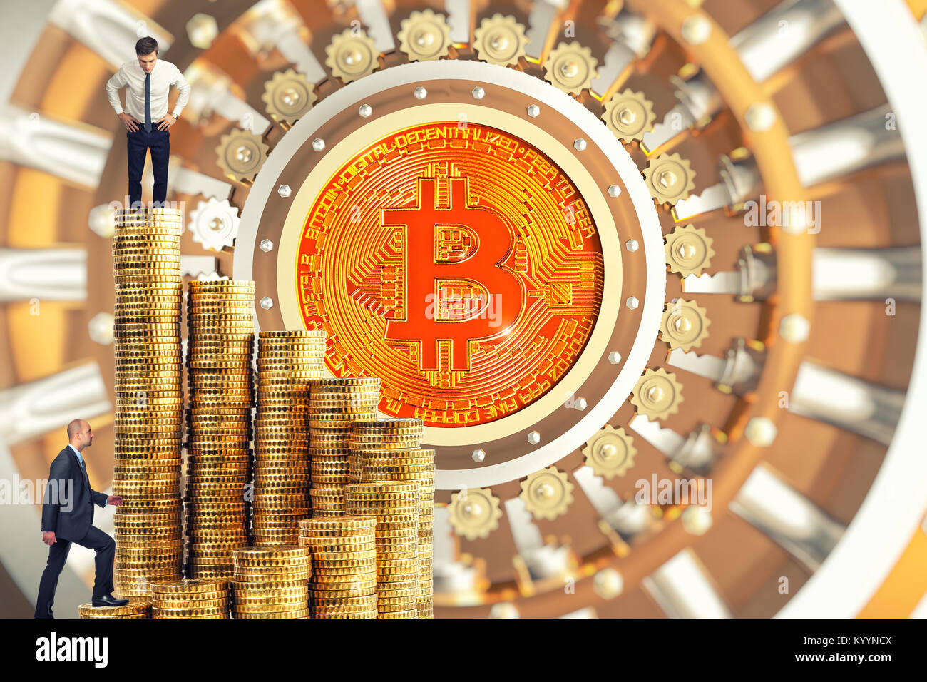 La gente di affari salire sul gradino di denaro con bitcoin vault sfondo della porta Foto Stock