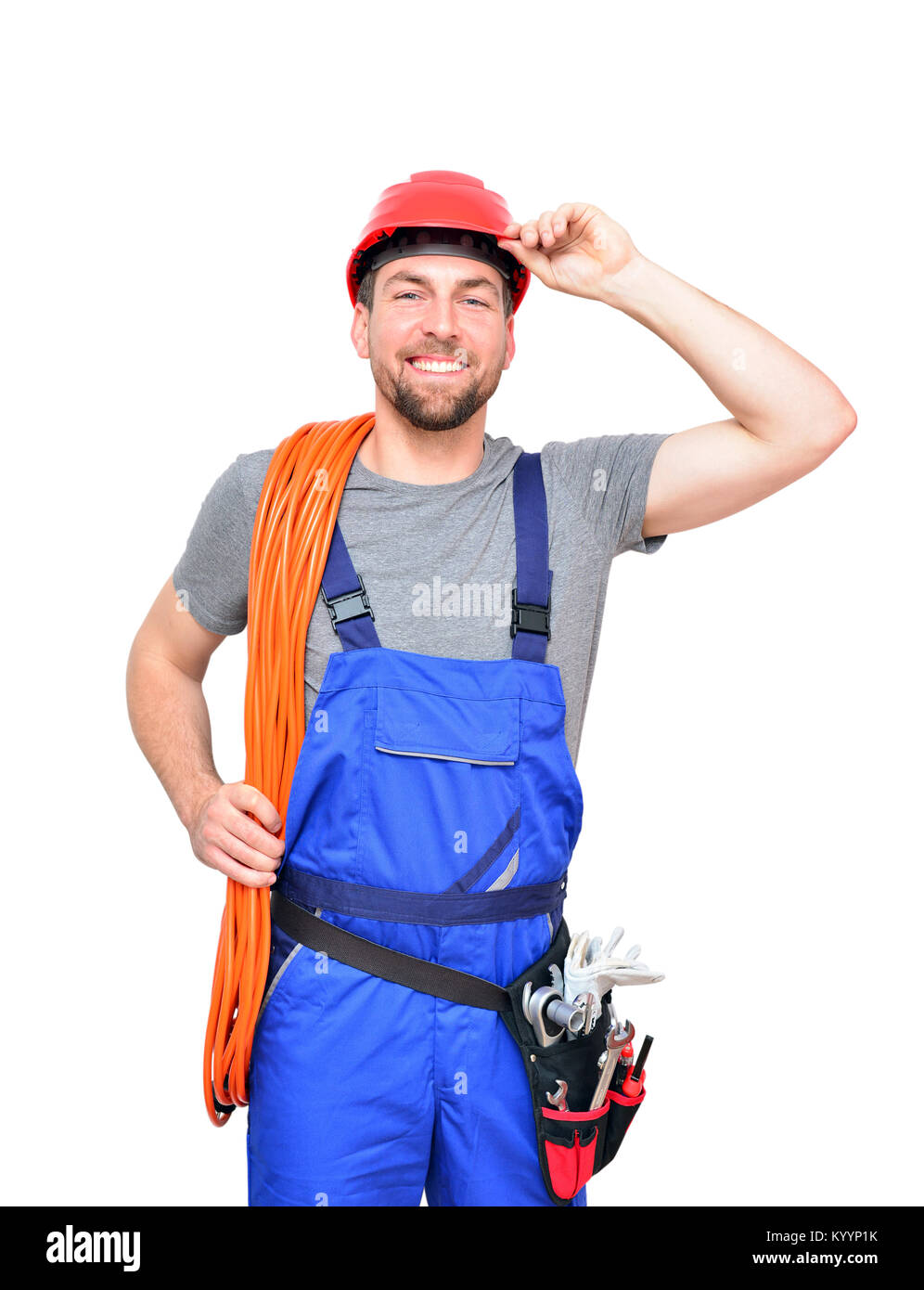 Isolato artigiano muratore assemblatore operai - friendly lavoratore in abiti da lavoro su sfondo bianco Foto Stock