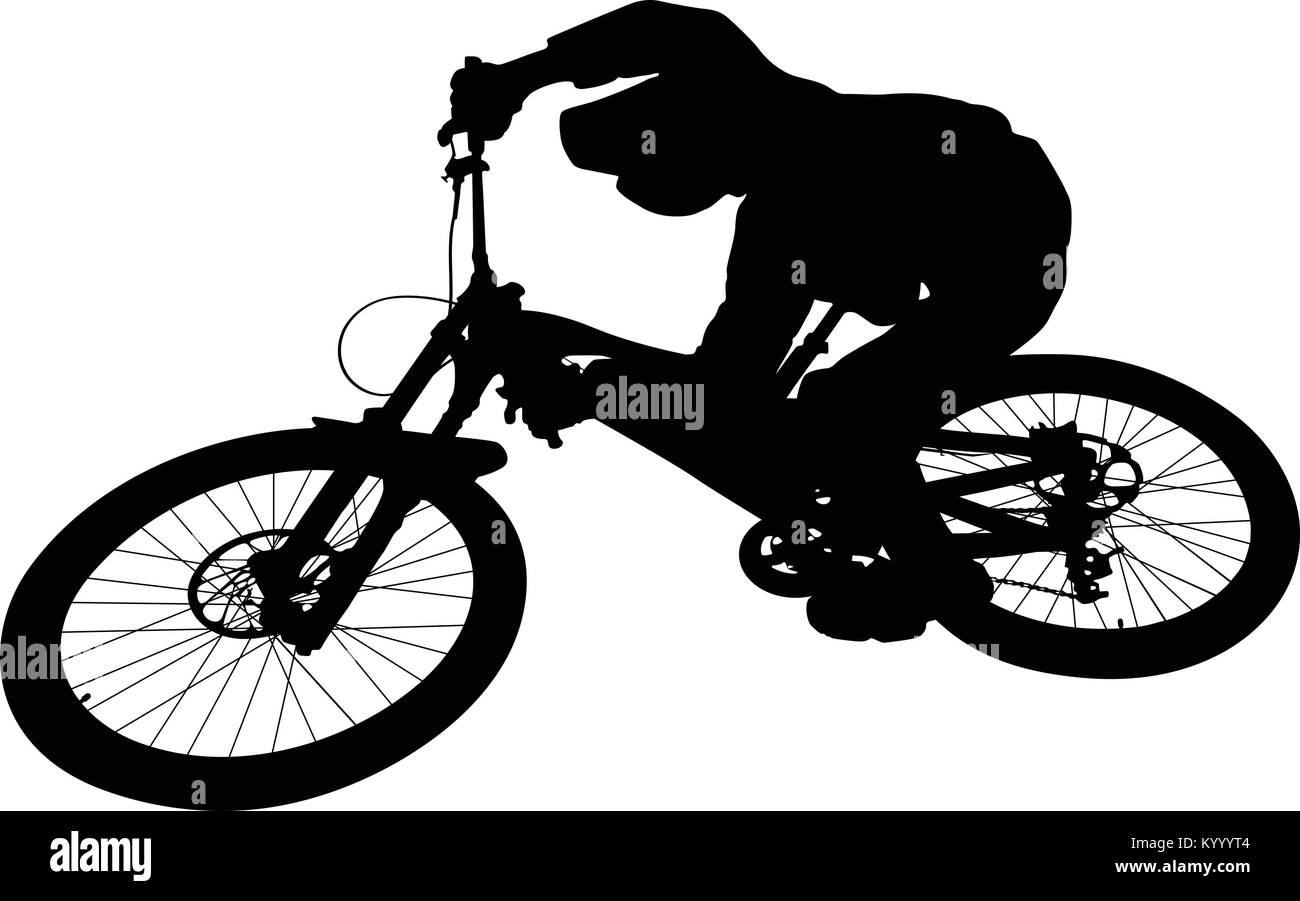 Ciclista jump downhill mountain bike silhouette nera Illustrazione Vettoriale