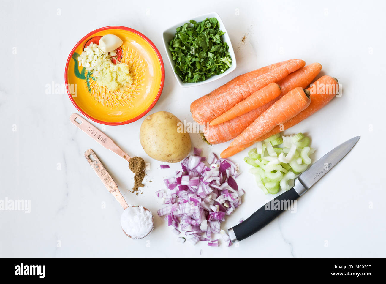 Ingredienti per la carota, il coriandolo e la zuppa di zenzero. Foto Stock