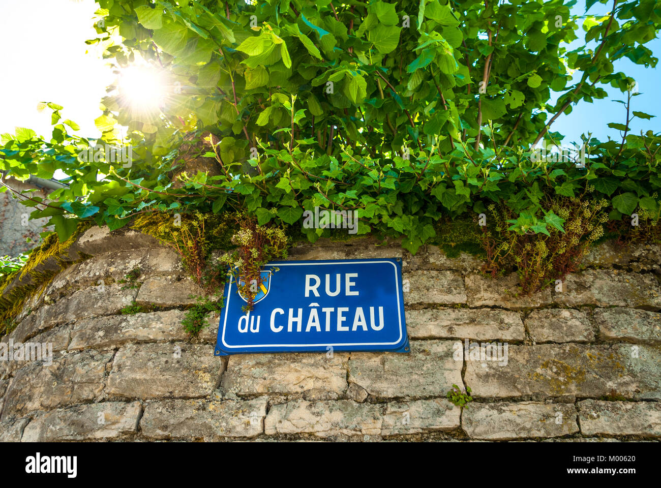 Rue du Chateau Francese cartello stradale con sun flare in Puligny Montrachet Borgogna Francia Foto Stock