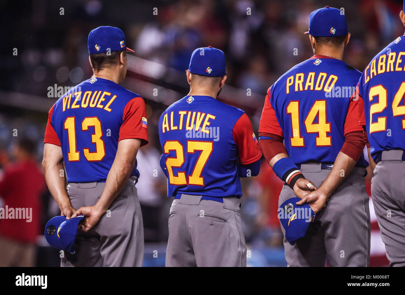 Omar Vizquel manager de Venezuela, Jose Altuve ,Martin Prado, Miguel Cabrera, duranti el World Baseball Classic en estadio Charros de Jalisco en Guadalajara, Jalisco, Messico. Marzo 10, 2017. (Foto/Luis Gutierrez) Aspetti prima di Puerto Rico, per la partita contro il Venezuela durante il World Baseball Classic con Charros de lo Stadio Jalisco di Guadalajara, Jalisco, Messico. Marzo 10, 2017. (Foto/Luis Gutierrez) Foto Stock