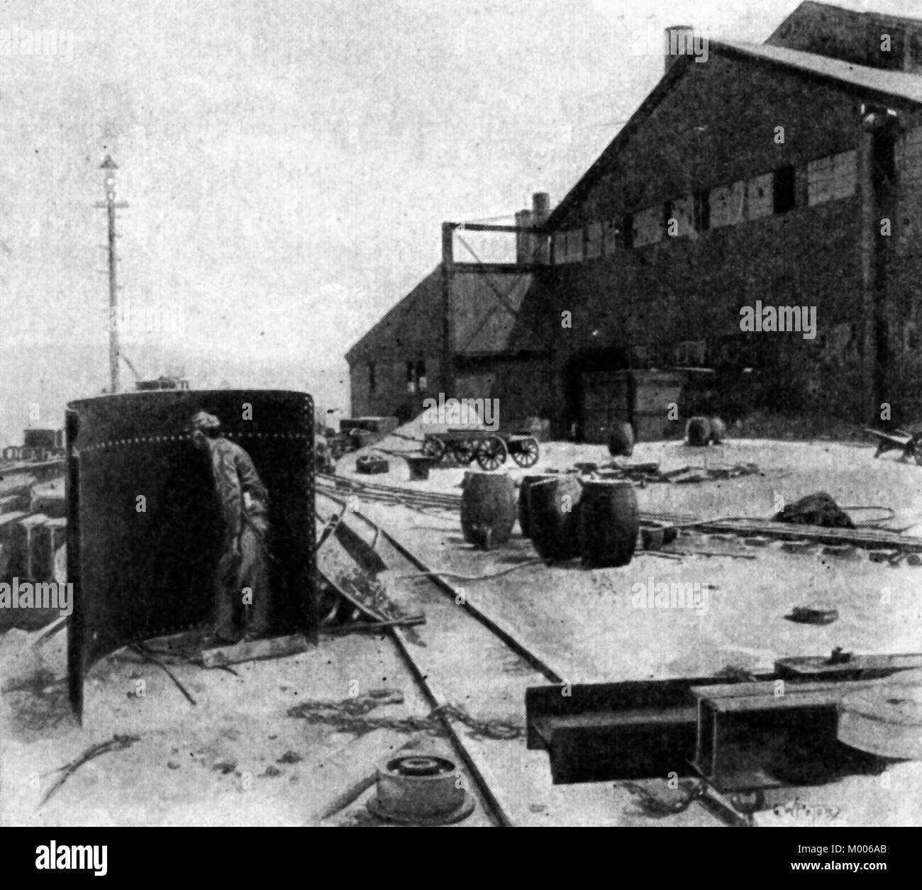 La Carnegie Steel Works, mostrando lo scudo utilizzato dai percussori durante lo sparo del cannone e guardare il Pinkerton uomini. Homestead Strike, 1892 Foto Stock