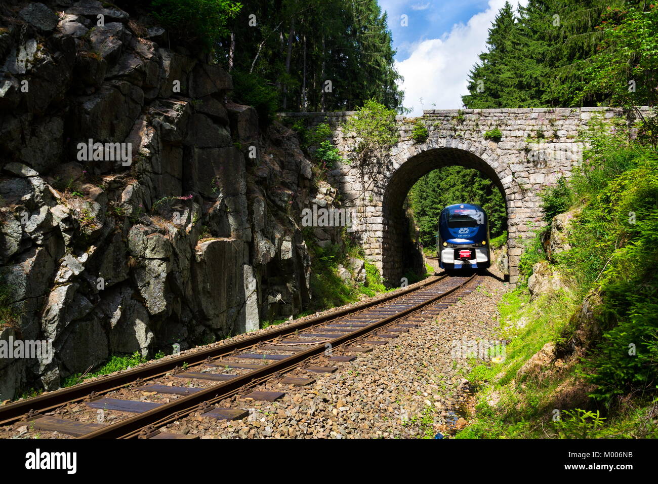 NEJDEK, Repubblica Ceca - 23 Luglio: Ceske drahy ferroviaria CD Carrier Compagnia treno passa sotto il romantico ponte in pietra bella foresta nei Monti metalliferi Foto Stock