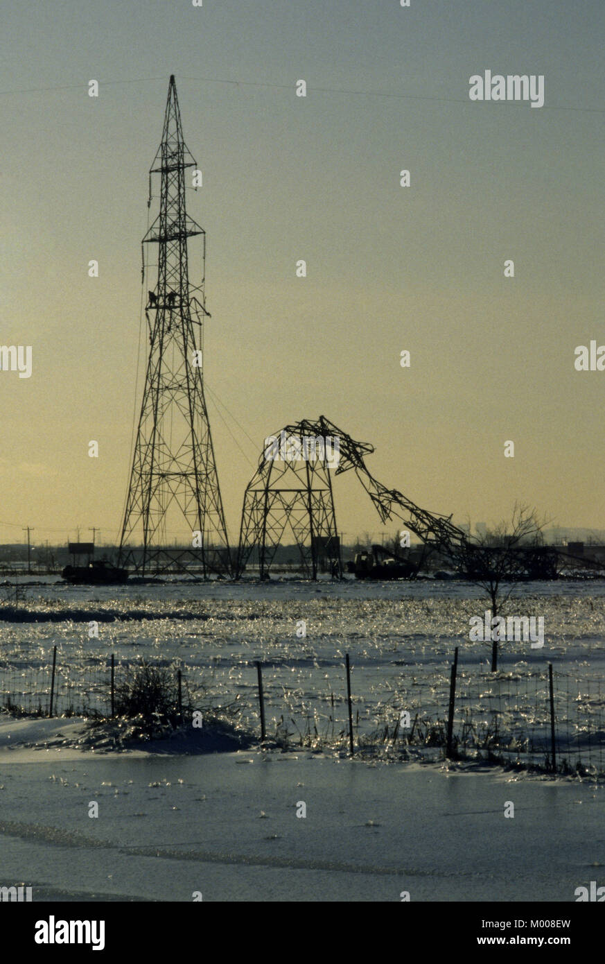 Schiacciato idro torri in Québec Canada dopo la famigerata tempesta di ghiaccio nel 1998 Foto Stock