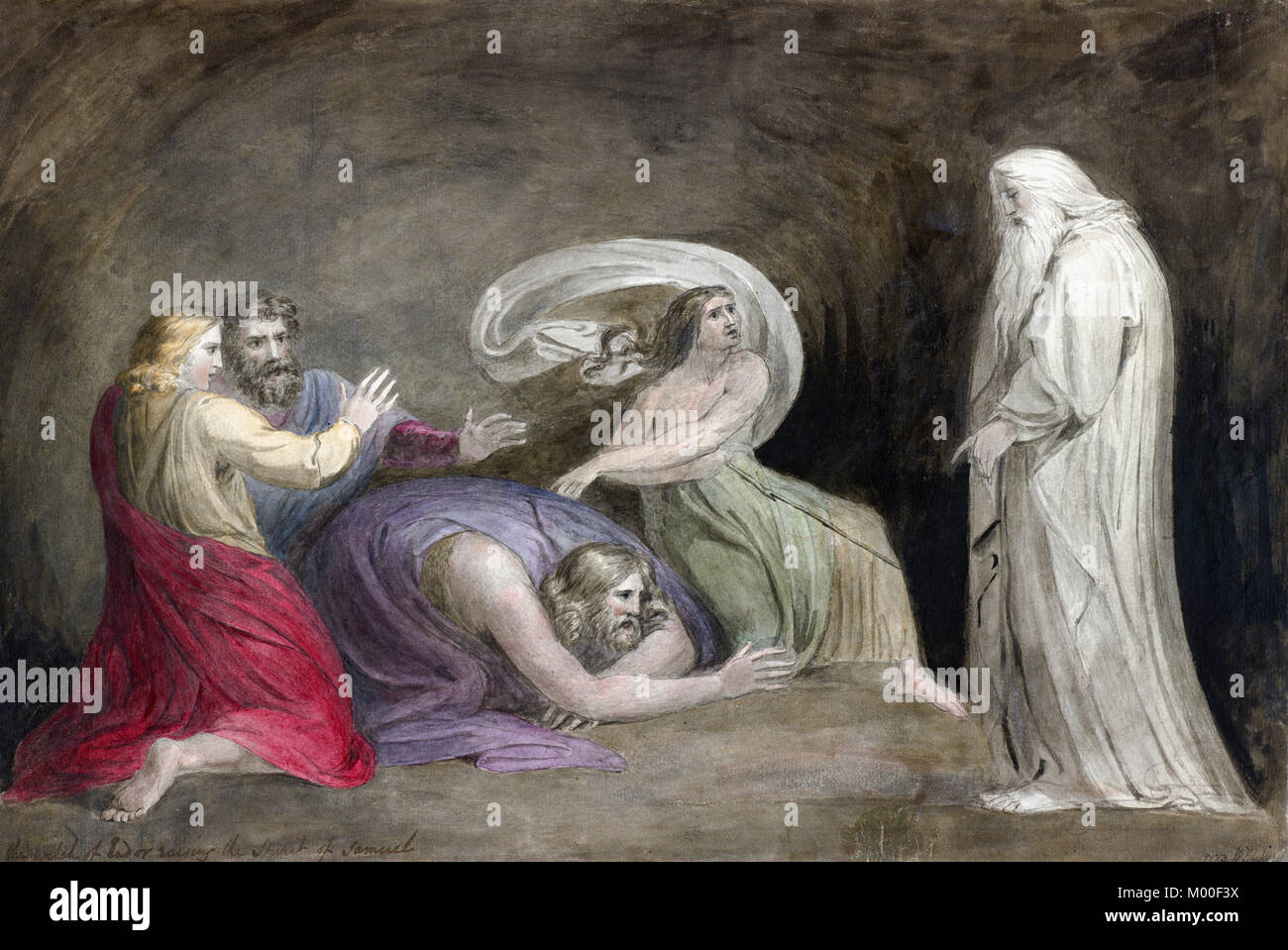 La Strega di Endor ad elevare lo spirito di Samuele da William Blake (1757-1827), acquerello, 1783 Foto Stock