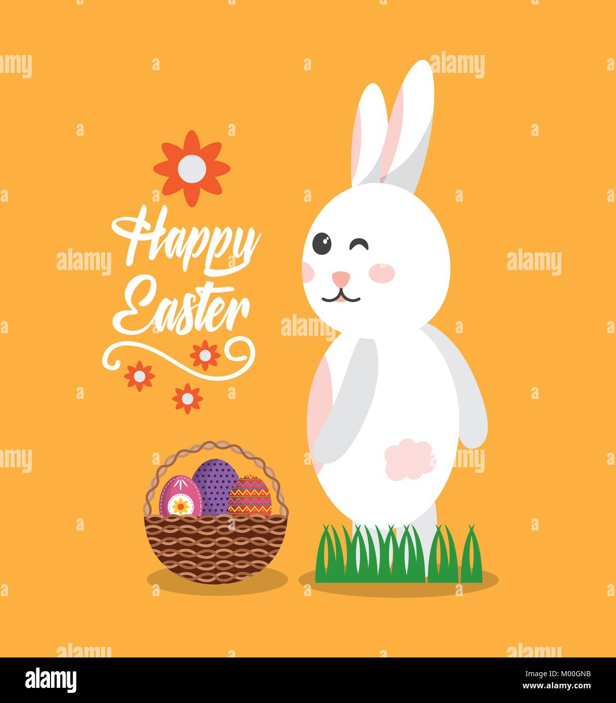 Felice Pasqua Wink di coniglio gesto con cesto di uova Illustrazione Vettoriale