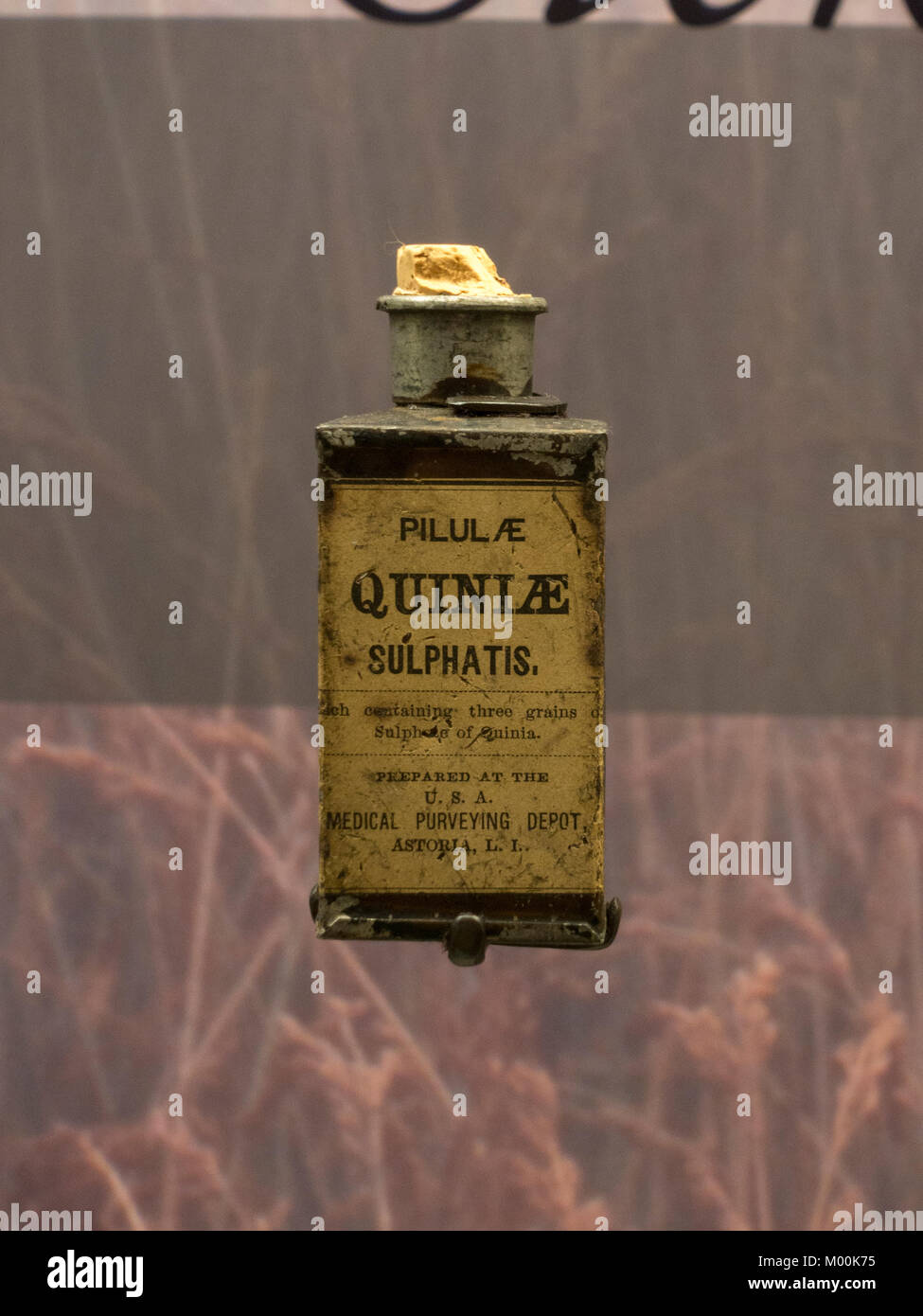 Bottiglia di chinino (sollievo dal dolore) sul display nel Museo di Gettysburg e Visitor Center, Gettysburg, Pennsylvania, Stati Uniti. Foto Stock