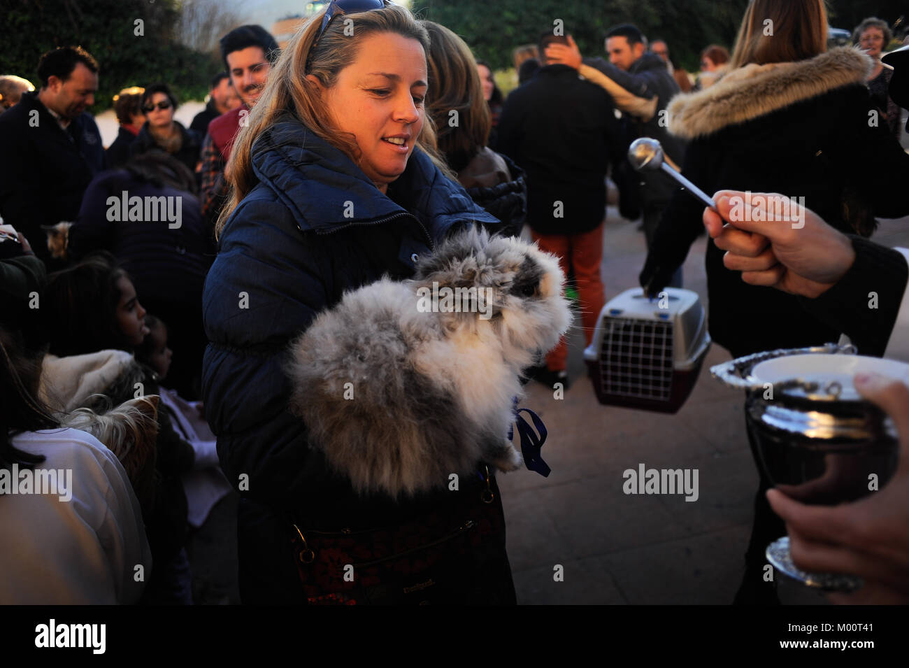 Malaga, Spagna. Xvii gen, 2018. Gli animali domestici sono benedetti da un sacerdote al di fuori di San Anton chiesa nel quartiere di Churriana. La festa di San Anton è una tradizione religiosa che si celebra ogni anno in Spagna con tutti i tipi di animali trasportati per i suoi proprietari verso le chiese per sono state benedette da un sacerdote, ricerca la benedizione del Santo patrono degli animali Credito: Gesù Merida/SOPA/ZUMA filo/Alamy Live News Foto Stock