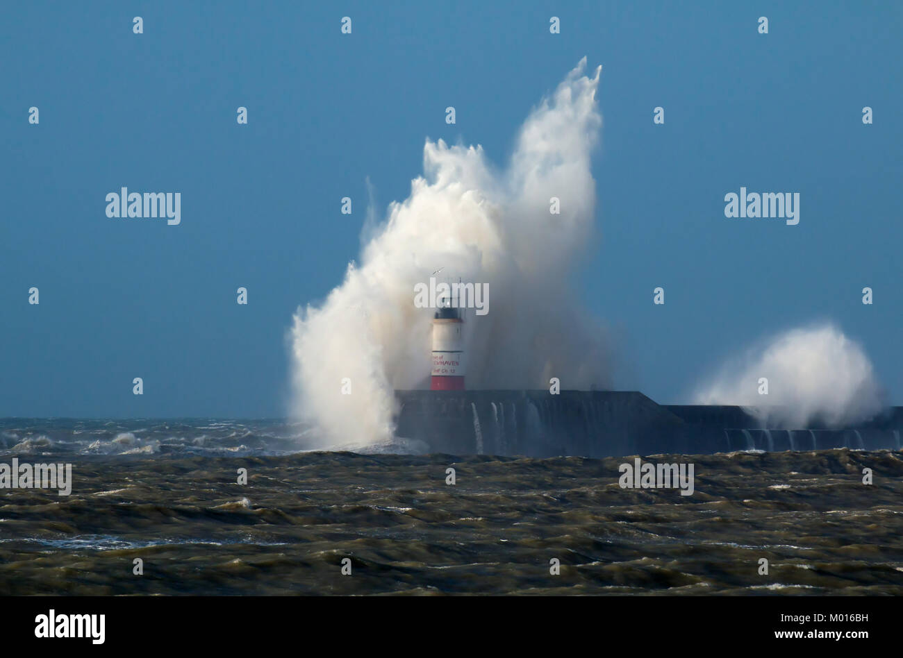 Onda di rottura oltre Newhaven faro in East Sussex, con Gabbiano contro onda bianco e di mare mosso. Foto Stock