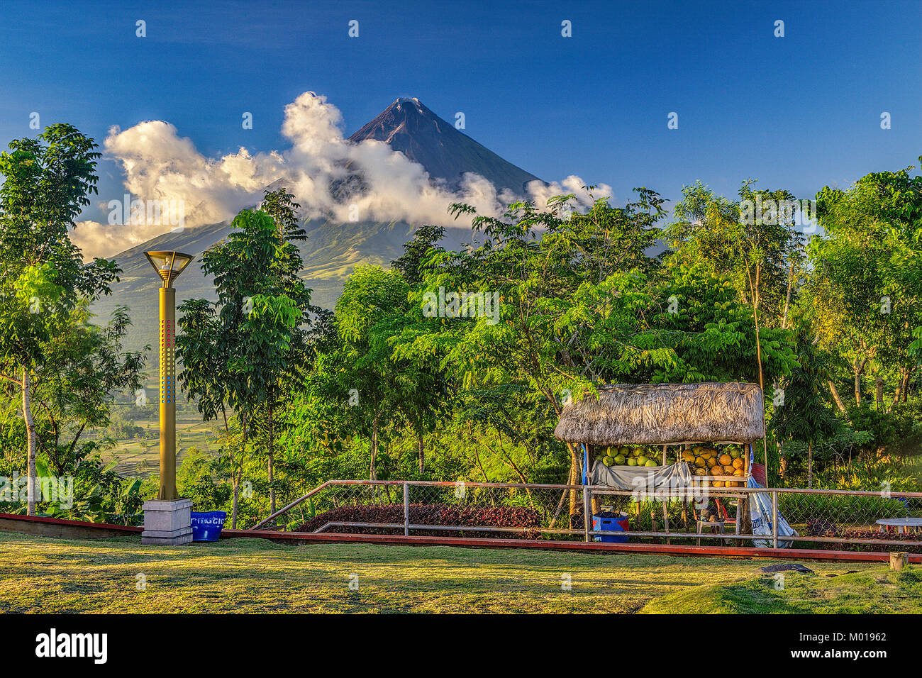 Il monte Mayon stratovulcano vista dal monte Mayon Parco naturale area di visualizzazione nella centrale zona di Bikol di Albay regione meridionale dell'isola di Luzon, Philip Foto Stock