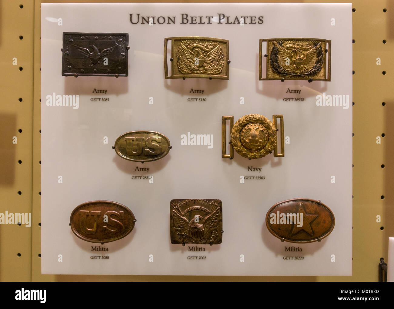 Unione assortiti fibbie della cintura di sicurezza posteriore/piastre in mostra al Museo di Gettysburg e Visitor Center, Gettysburg, Pennsylvania, Stati Uniti. Foto Stock