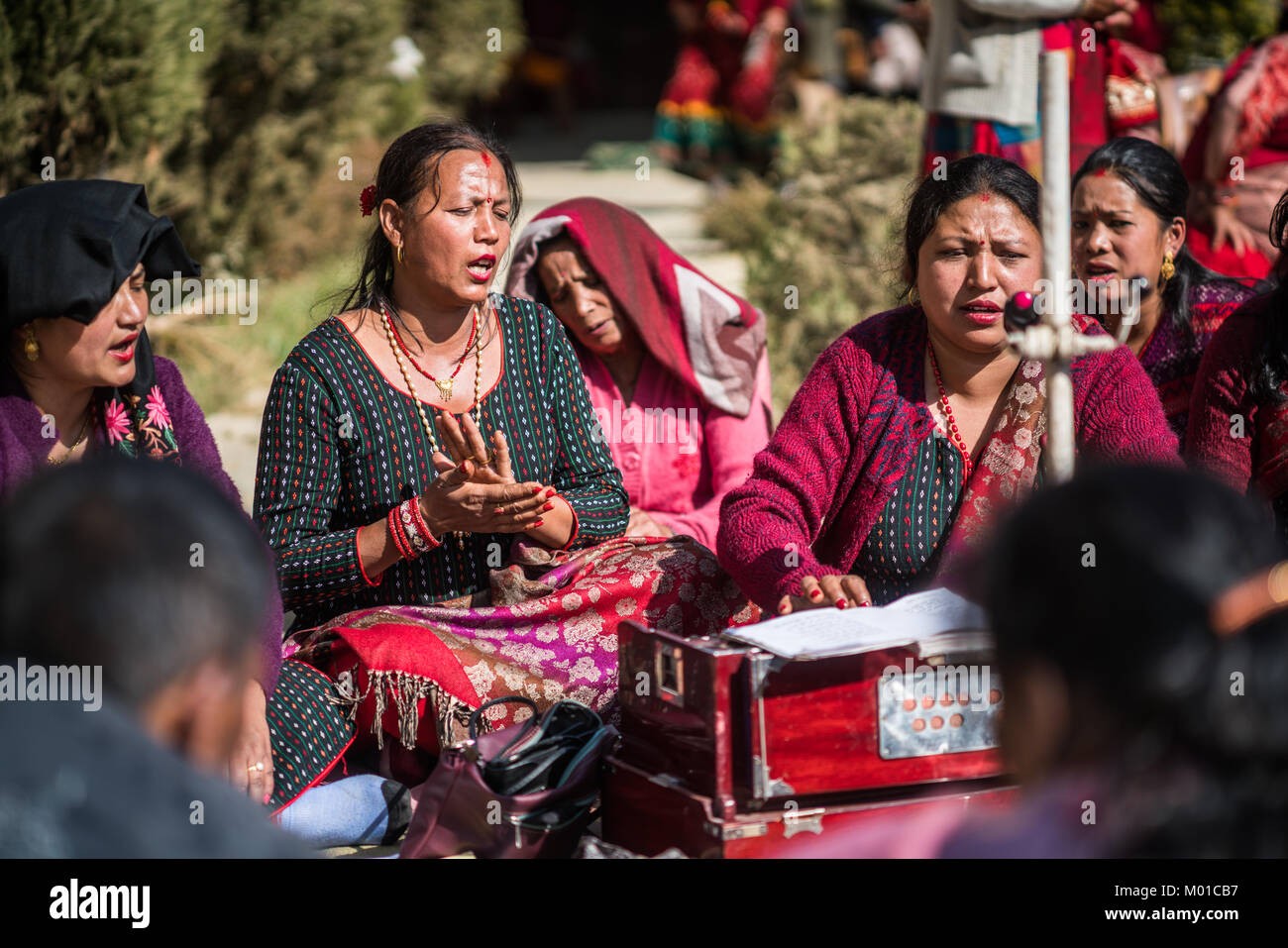 Donna play harmonium, Nepal, Asia. Foto Stock