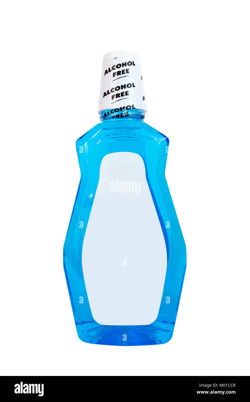 Vista frontale del non bottiglia di alcool di Blu menta collutorio risciacquo. Etichetta vuota. Isolato. Foto Stock