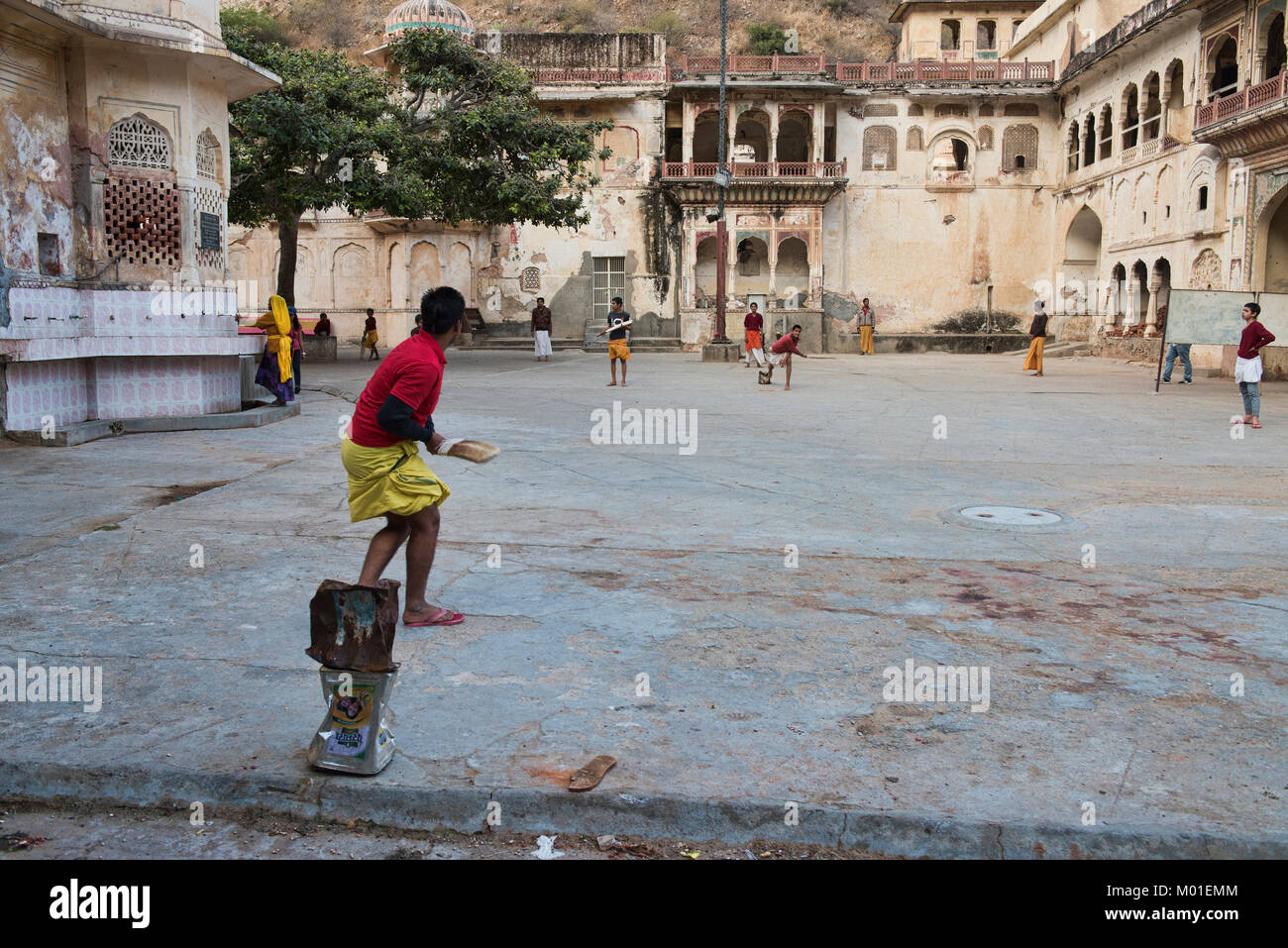 Giocare a cricket Galtaji Monkey Temple, Jaipur, India Foto Stock