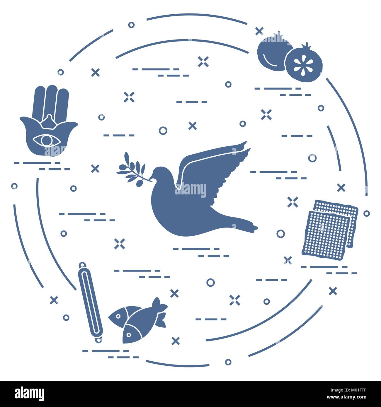 Simboli ebraici: Colomba, Olive Branch, melograno, matzah, pesce, hamsa, mezuzà. Progettazione per la cartolina, banner, poster o di stampa. Illustrazione Vettoriale