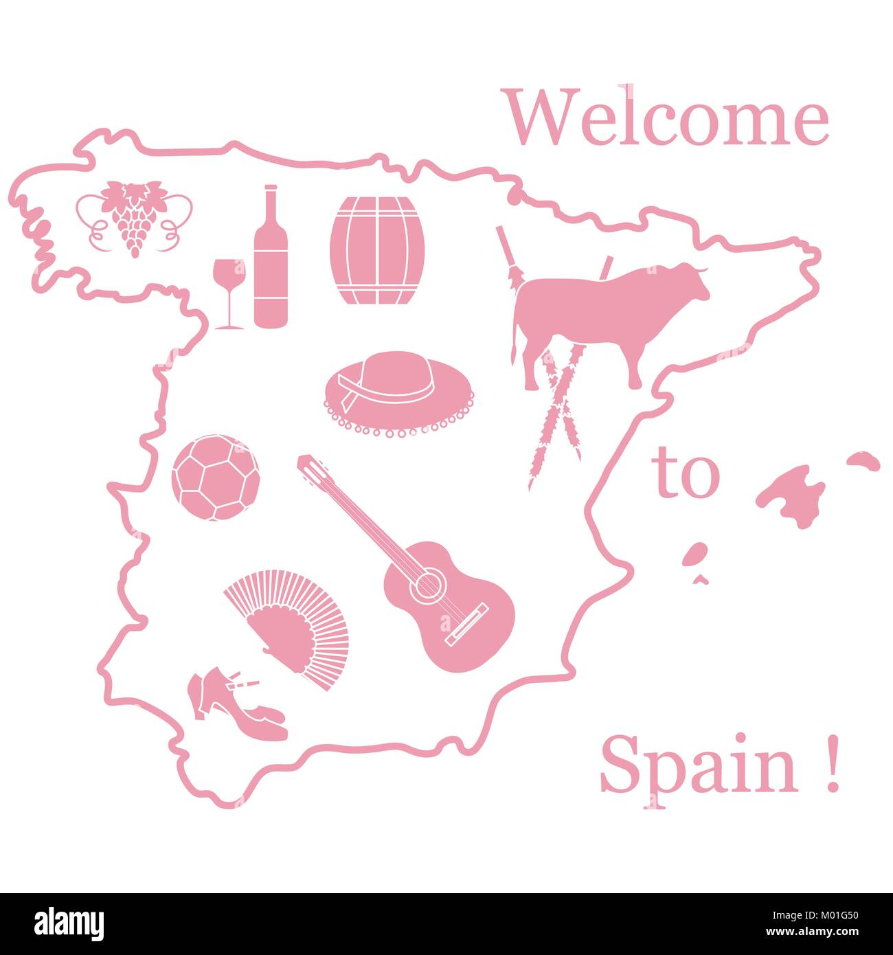 Illustrazione Vettoriale con vari simboli della Spagna. Viaggi e tempo libero. Design per banner, poster o di stampa. Illustrazione Vettoriale