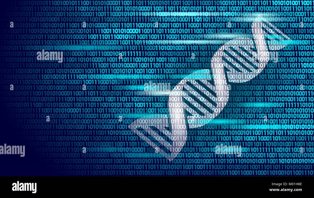DNA codice binario computer futuro concetto tecnologico. La scienza del genoma struttura OGM modificati ingegneria molecolare segno di simbolo medicina gene codifica modello di pagina di intestazione illustrazione vettoriale Illustrazione Vettoriale