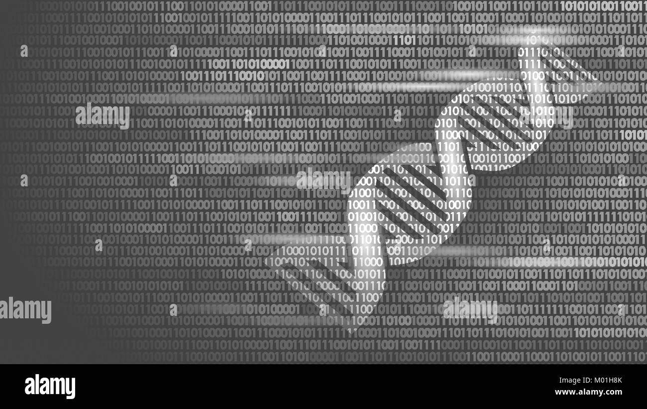 DNA codice binario computer futuro concetto tecnologico. La scienza del genoma struttura OGM modificati ingegneria molecolare segno di simbolo medicina gene codifica modello di pagina di intestazione illustrazione vettoriale Illustrazione Vettoriale
