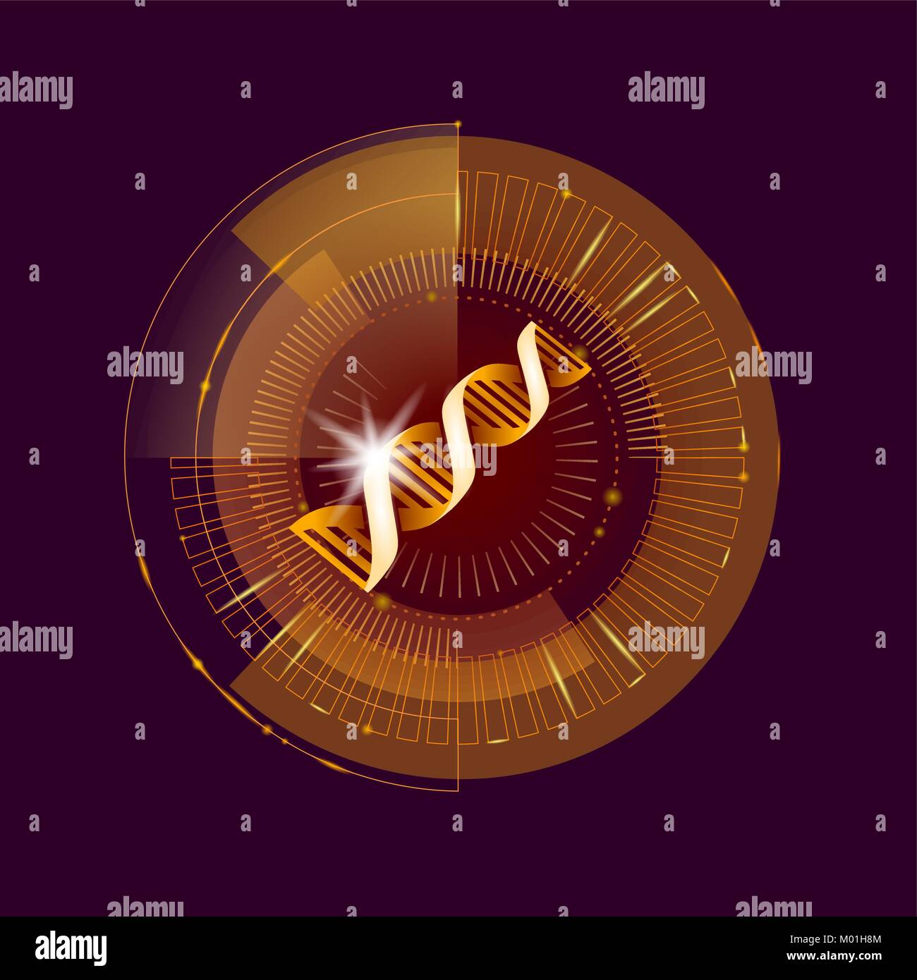 DNA codice binario oro computer futuro concetto tecnologico. Estratto di cosmetici siero simbolo molecolare medicina segno golden gene codificante modello di pagina di intestazione illustrazione vettoriale Illustrazione Vettoriale