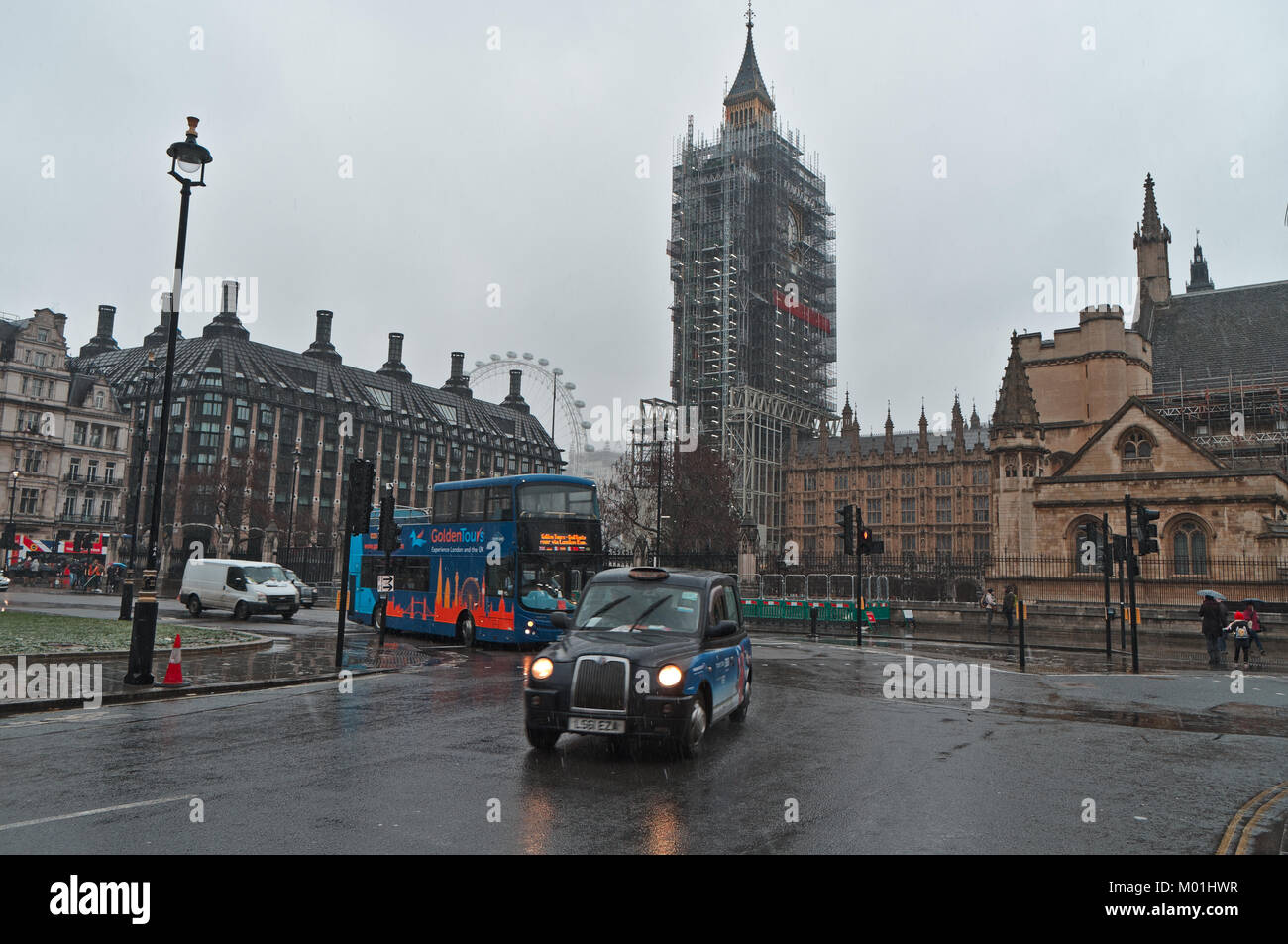 Big Ben vista di restauro Dicembre 2017. Inghilterra, Regno Unito Foto Stock