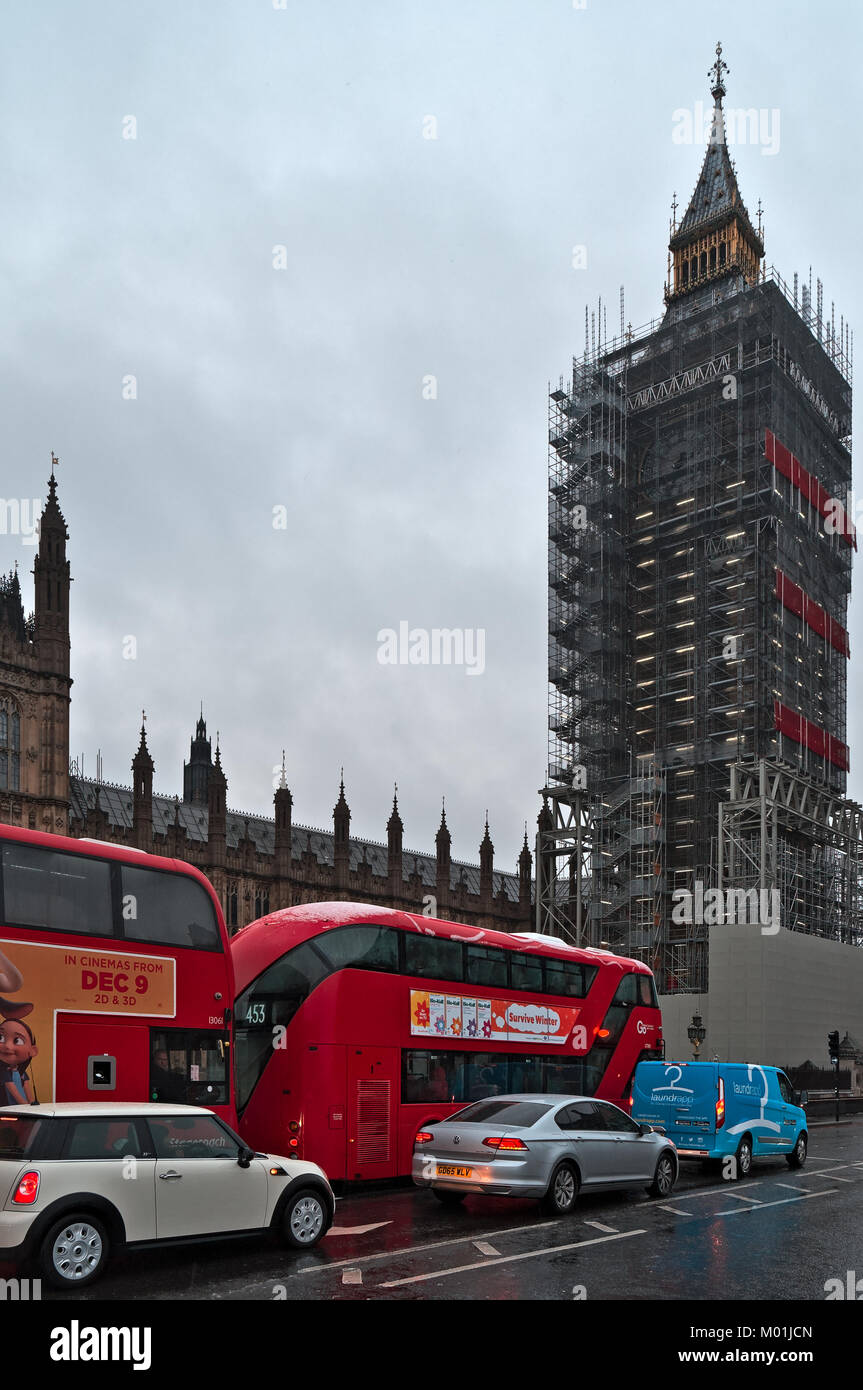 Big Ben vista di restauro Dicembre 2017. Inghilterra, Regno Unito Foto Stock