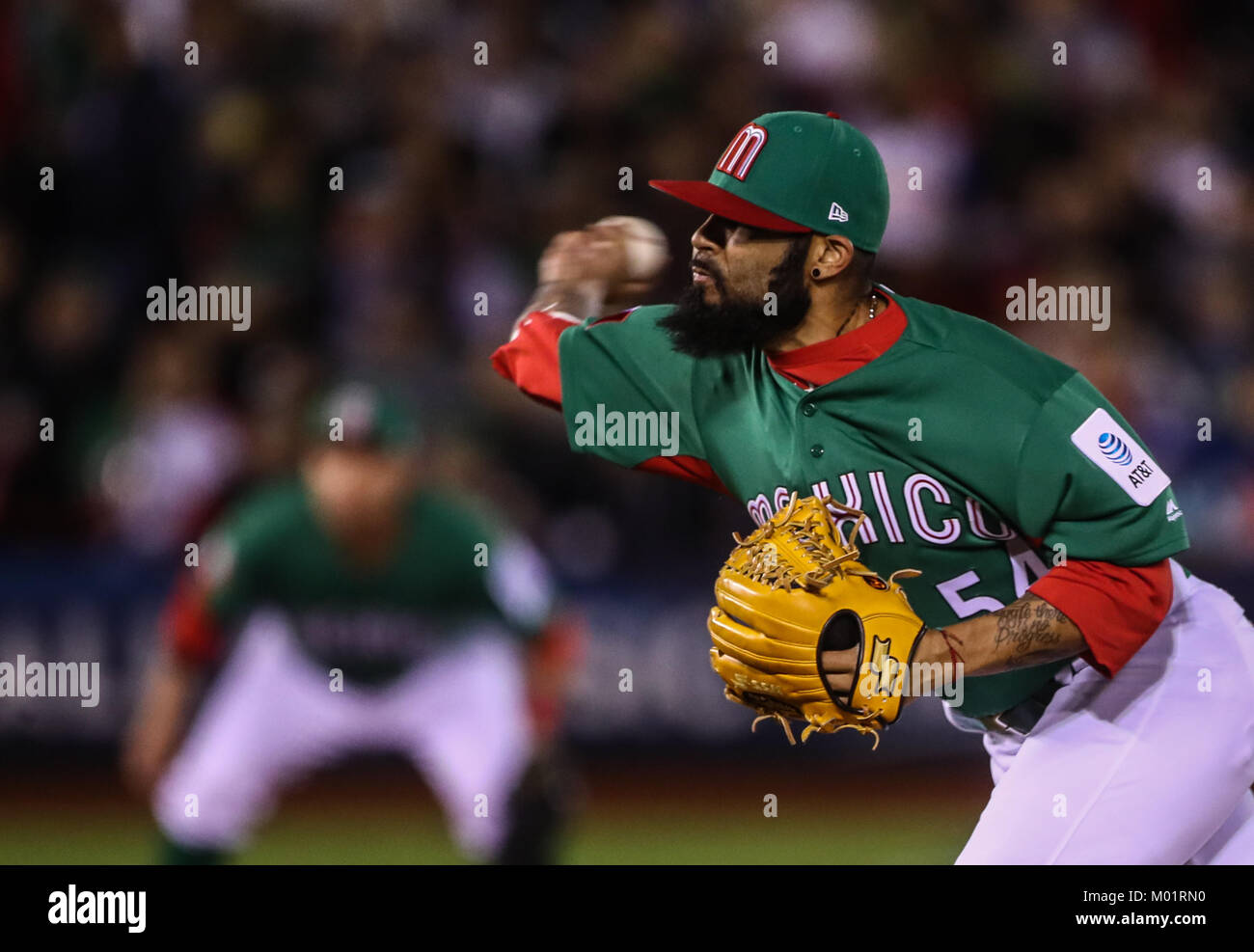 Sergio Romo brocca sollievo per il Messico nell'ottavo inning, durante i Caraibi Serie gioco in Minatitlan, Messico, Mercoledì, 1 febbraio 2017. (Foto: Luis Gutierrez/NortePhoto) Foto Stock