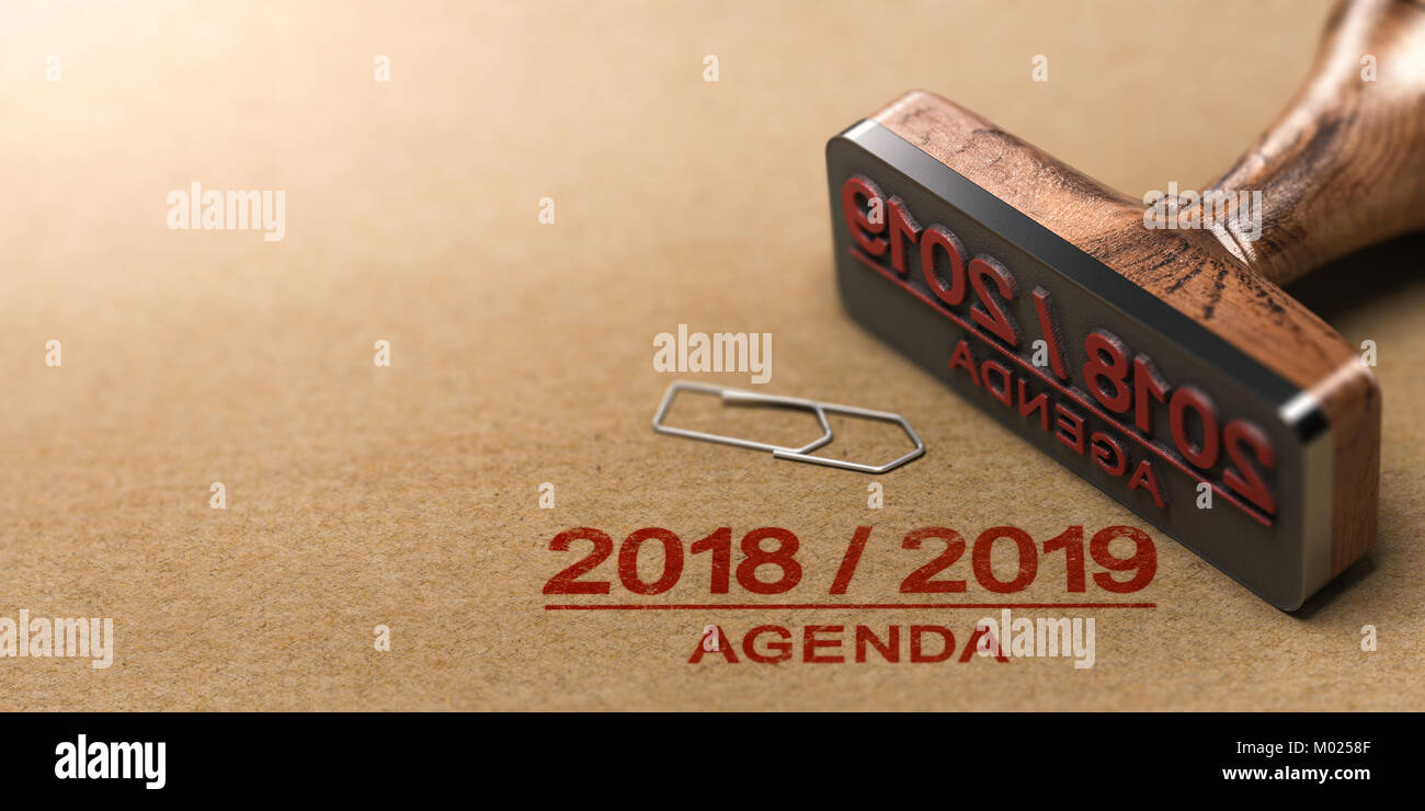 Timbro di gomma e 2018 2019 agenda stampata su carta kraft sfondo. 3d'illustrazione. Foto Stock
