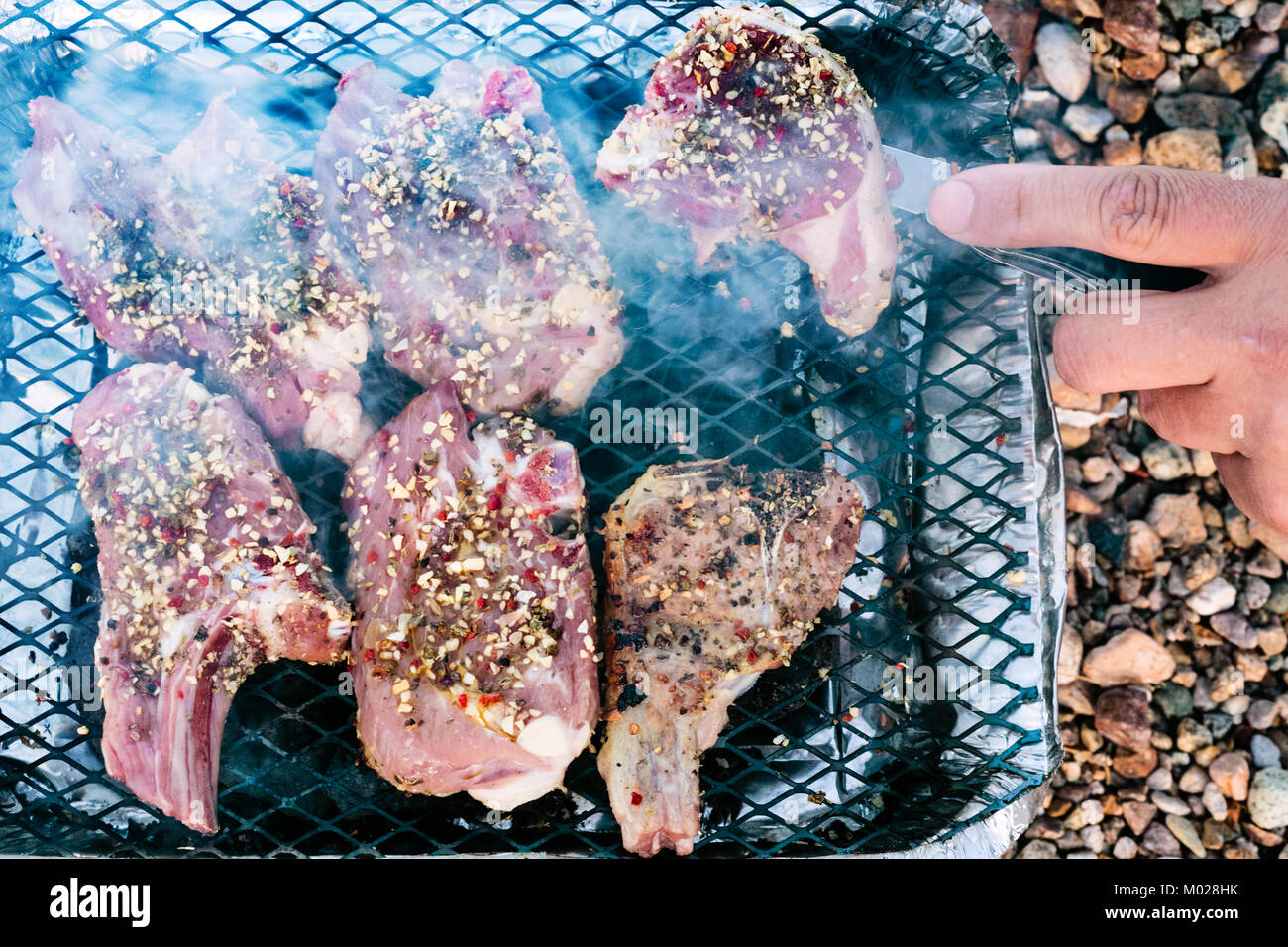 Viaggiare in Francia - la cottura di fast food a base di carne di agnello in usa e getta portatile grill sulla spiaggia p Plage de la Baie de launay Ploubazlanec nella regione della Bretagna Foto Stock