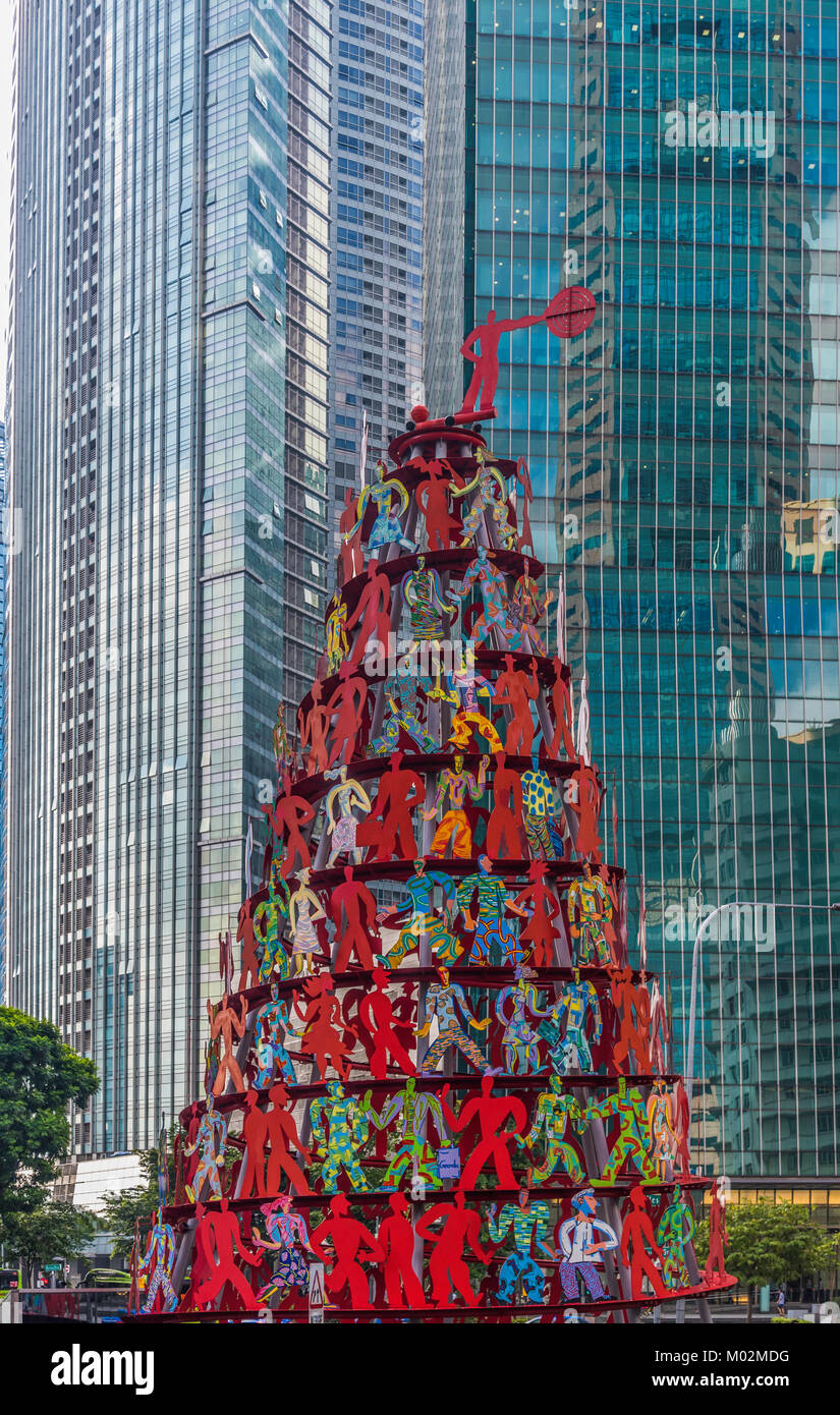 Momentum, in acciaio verniciato scultura di David Gerstein, architettura di Cavendish Core, Finlayson verde, Marina Bay, Singapore Foto Stock