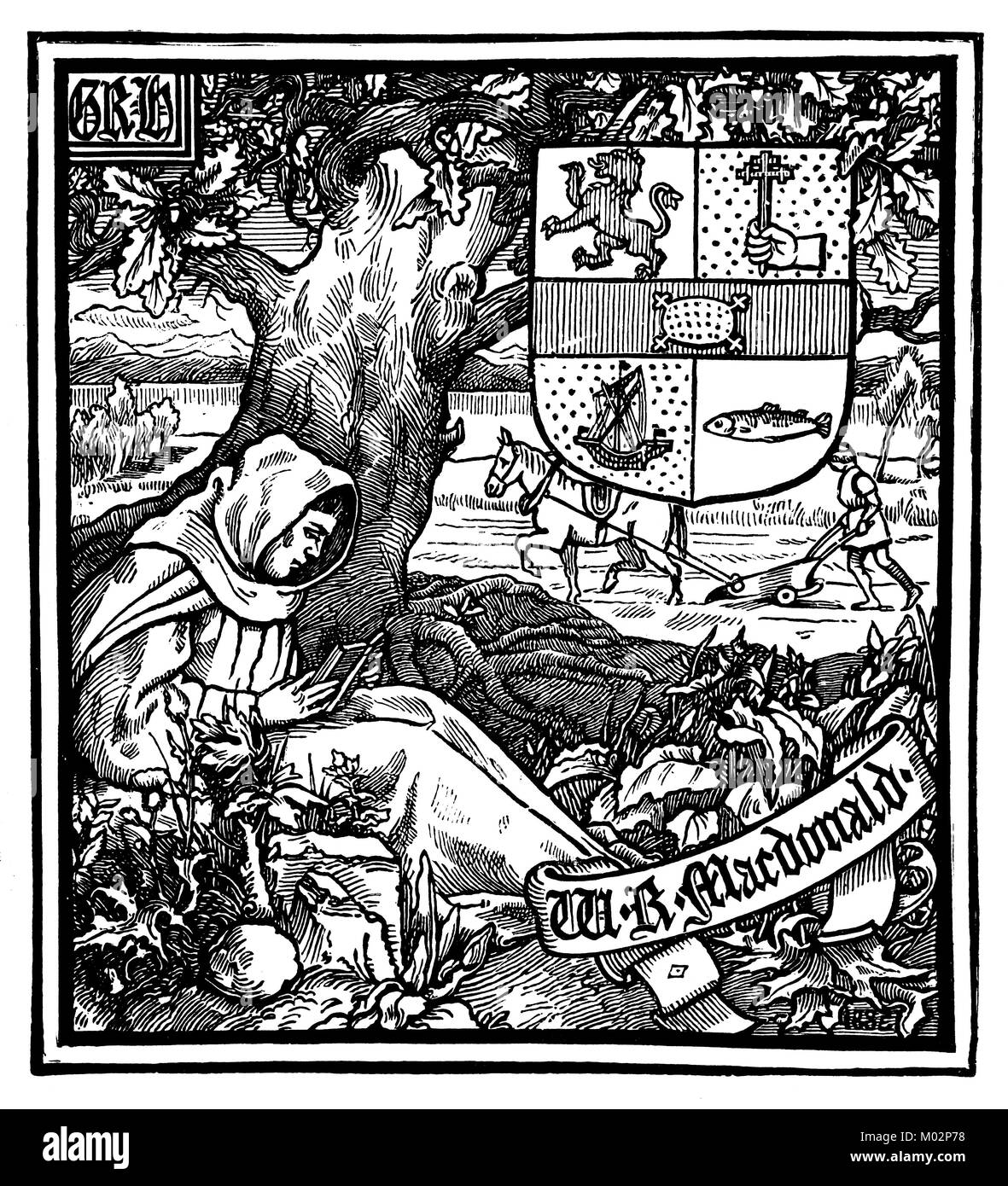 Ex libris design per W R MacDonald dall artista C R Halkett, illustrazione, dal 1893 lo studio di una rivista illustrata di belle e arte applicata Foto Stock