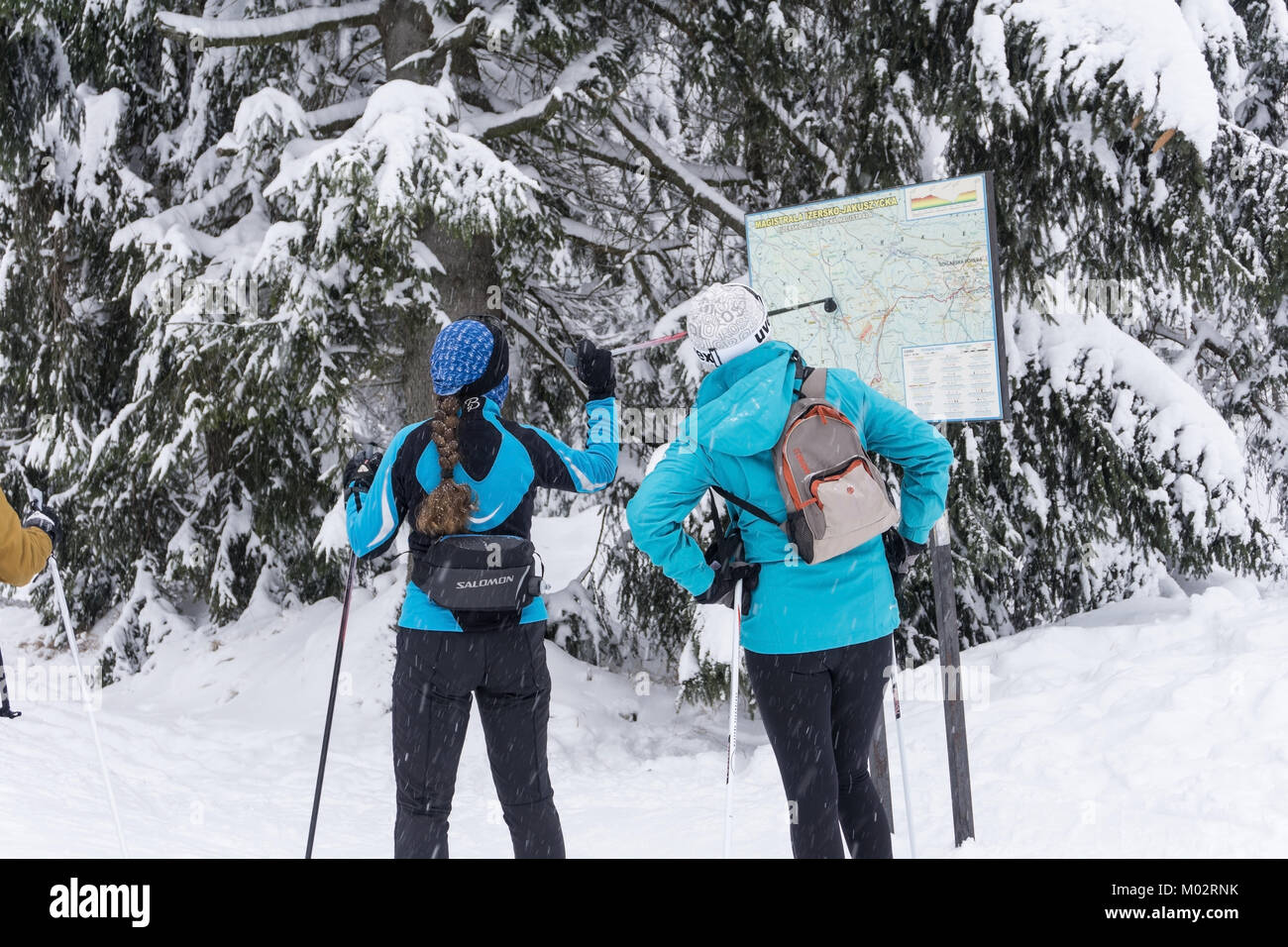 Due donne gli sciatori in cerca di un cross-country percorso sulla mappa. Jakuszyce, Giant Monti Karkonosze, Polonia, l'Europa. Foto Stock