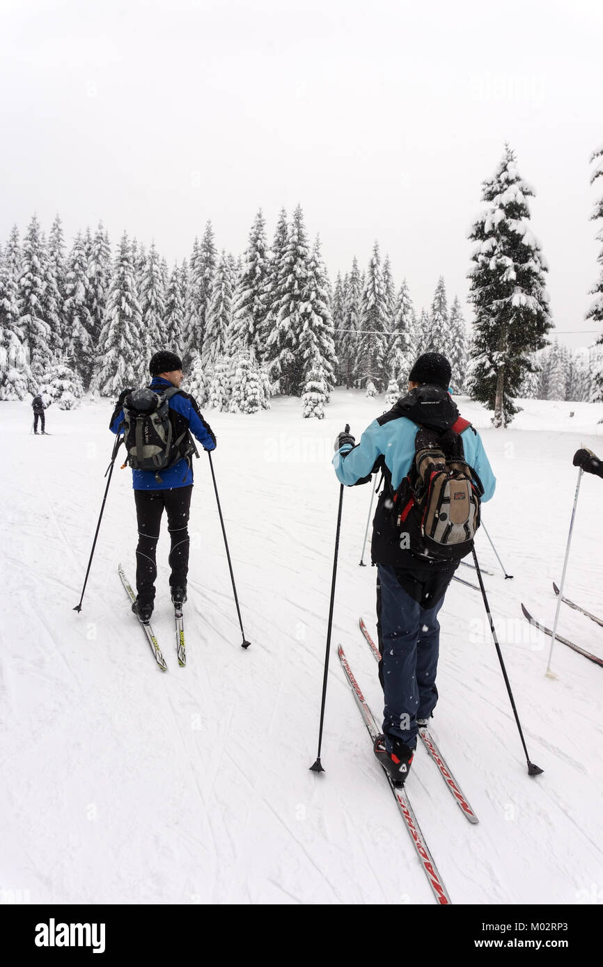 Due gli sciatori su un cross-country tour in caso di neve. Giant Monti Karkonosze, Polonia. Foto Stock